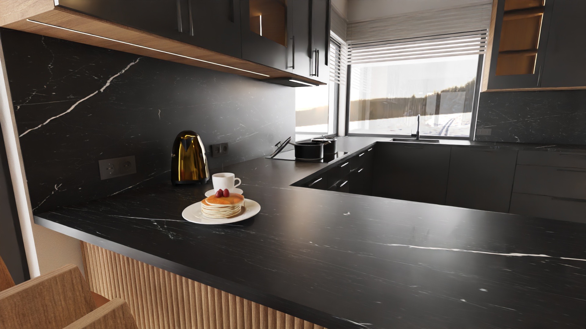 Nowoczesna kuchnia z czarnym blatem marmurowym, złotym czajnikiem i widokiem na zimowy krajobraz za oknem. Minimalistyczny design z drewnianymi akcentami.
