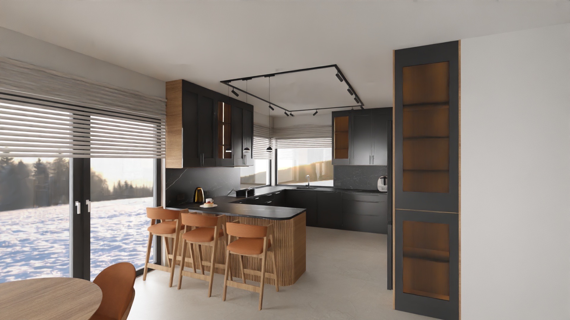 Nowoczesna kuchnia z czarnymi szafkami, drewnianym barkiem i widokiem na zimowy krajobraz za oknem. Oświetlenie punktowe podkreśla minimalistyczny design.