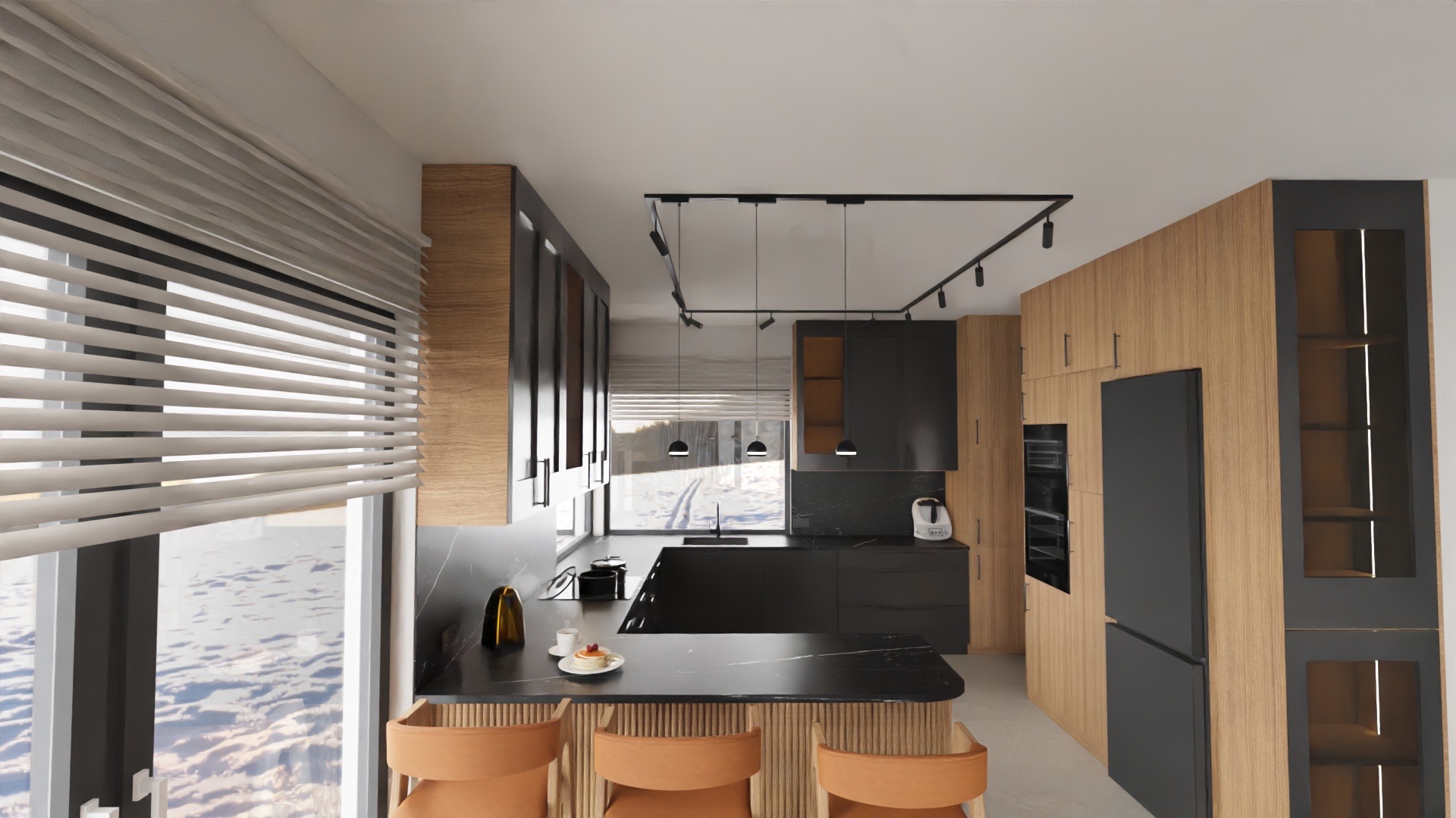 Nowoczesna kuchnia z czarnymi szafkami i drewnianymi akcentami, oświetleniem punktowym i widokiem na zimowy krajobraz przez okno z żaluzjami.