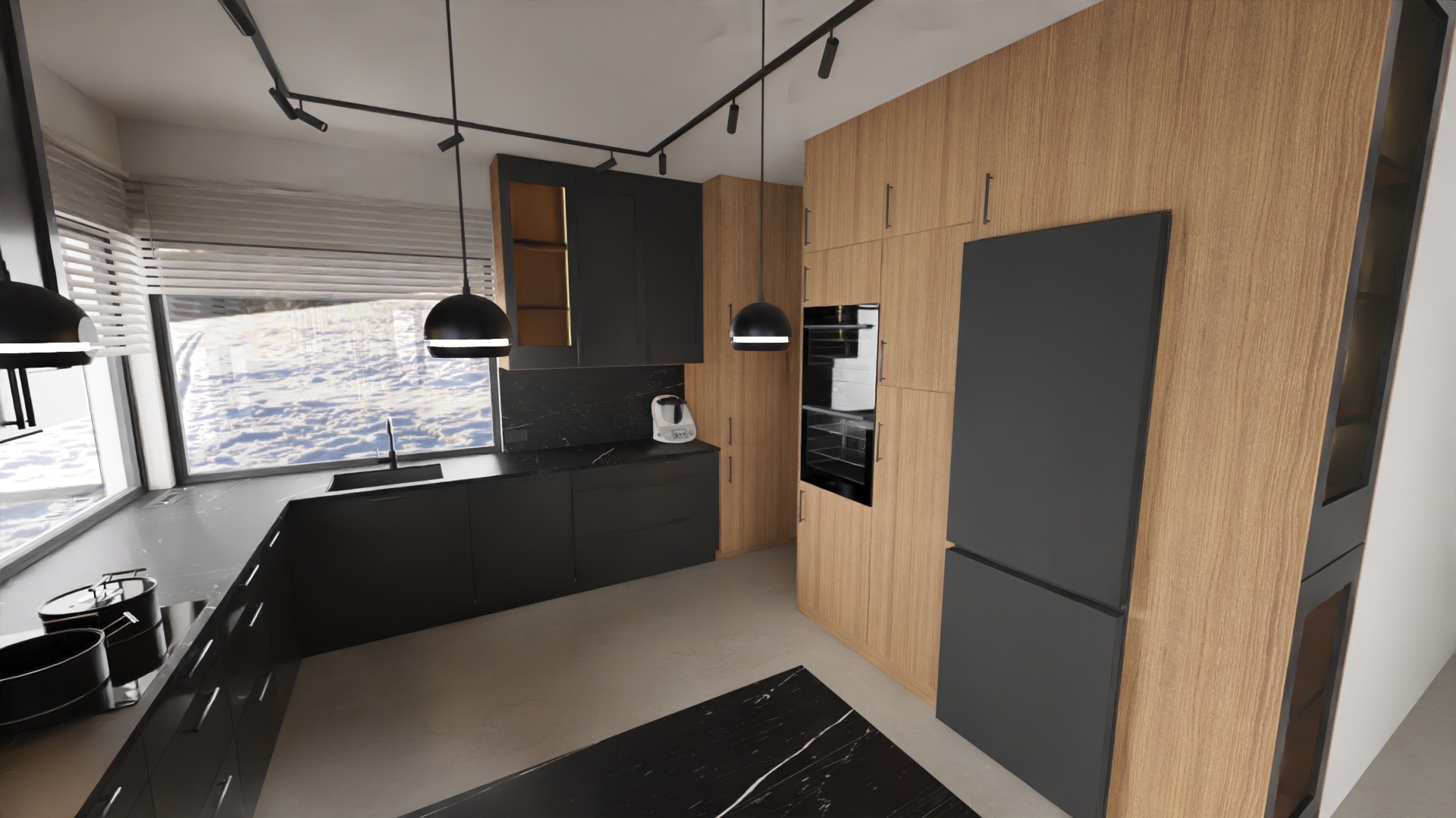 Nowoczesna kuchnia z czarnymi szafkami i drewnianymi akcentami, oświetlona wiszącymi lampami. Duże okno z widokiem na zimowy krajobraz. Minimalistyczny design.