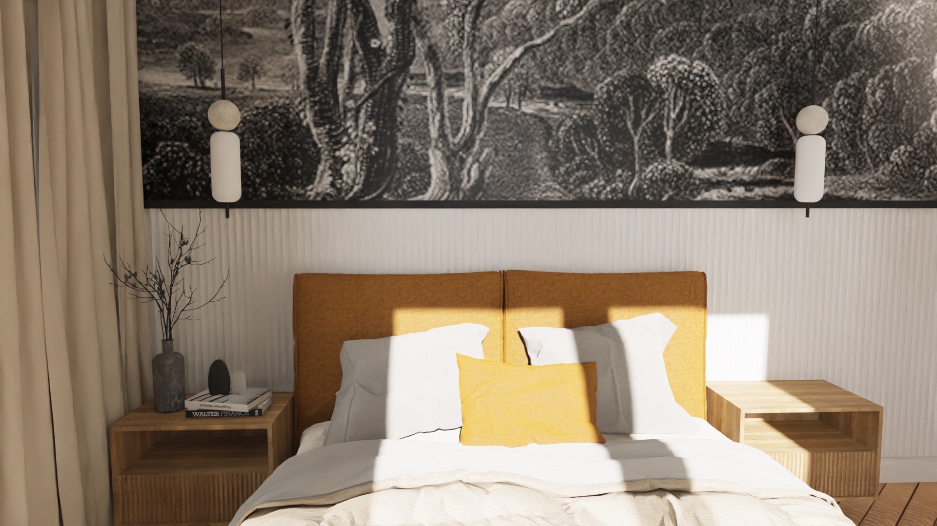 Nowoczesna sypialnia z łóżkiem z pomarańczowym zagłówkiem, białą pościelą i żółtą poduszką. Nad łóżkiem grafika w czarnej ramie i lampy ścienne. Drewniane szafki nocne.