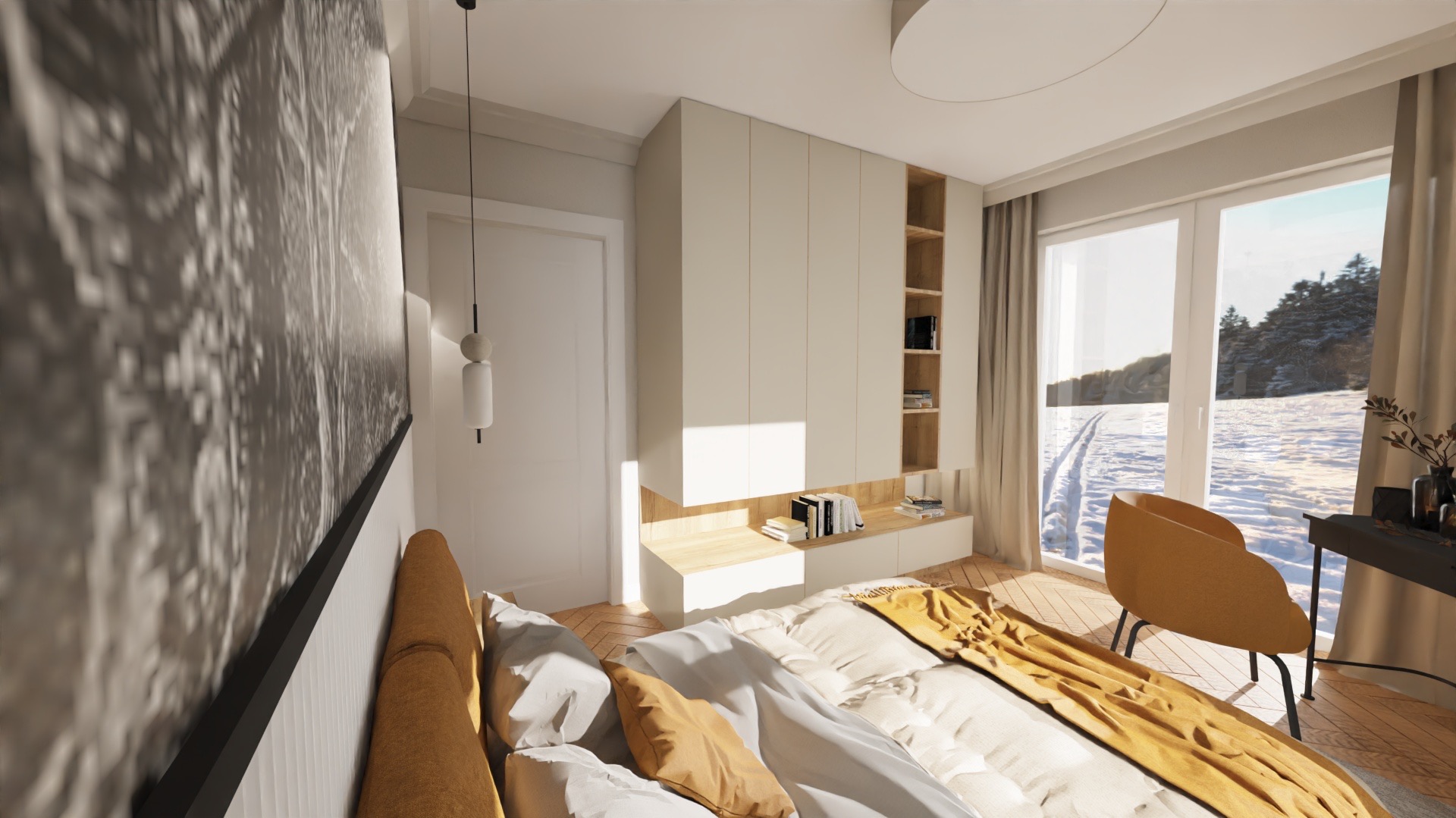 Jasna sypialnia z dużym oknem na zimowy krajobraz. Minimalistyczne meble, drewniana podłoga i duży obraz na ścianie. Nowoczesny design z akcentami natury.