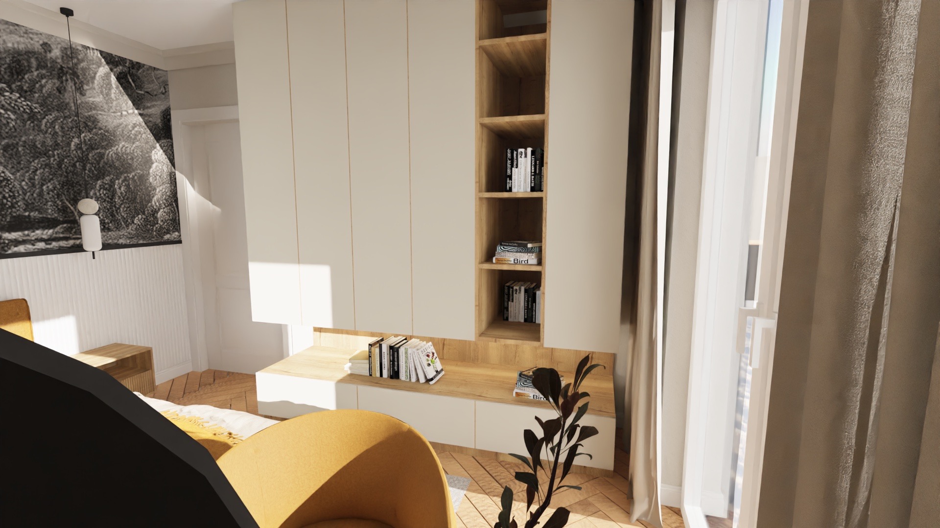 Jasna sypialnia z minimalistyczną zabudową meblową, drewnianymi akcentami i dekoracyjną grafiką na ścianie. Widoczne książki i roślina doniczkowa.