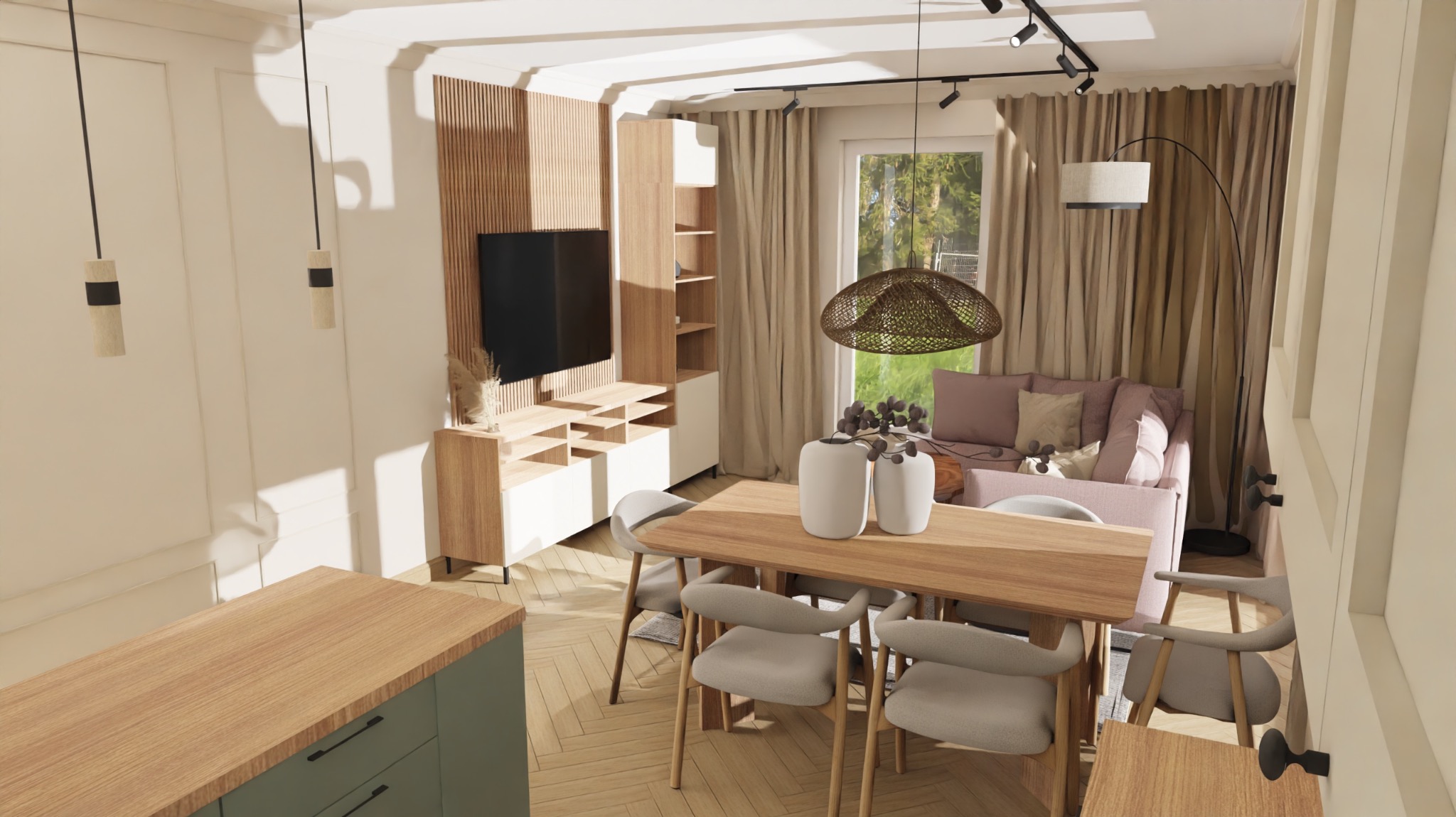 Jasne wnętrze z drewnianym stołem, krzesłami i sofą w odcieniach beżu i różu. Lampa wisząca nad stołem, telewizor na ścianie z drewnianymi panelami. Nowoczesny design.