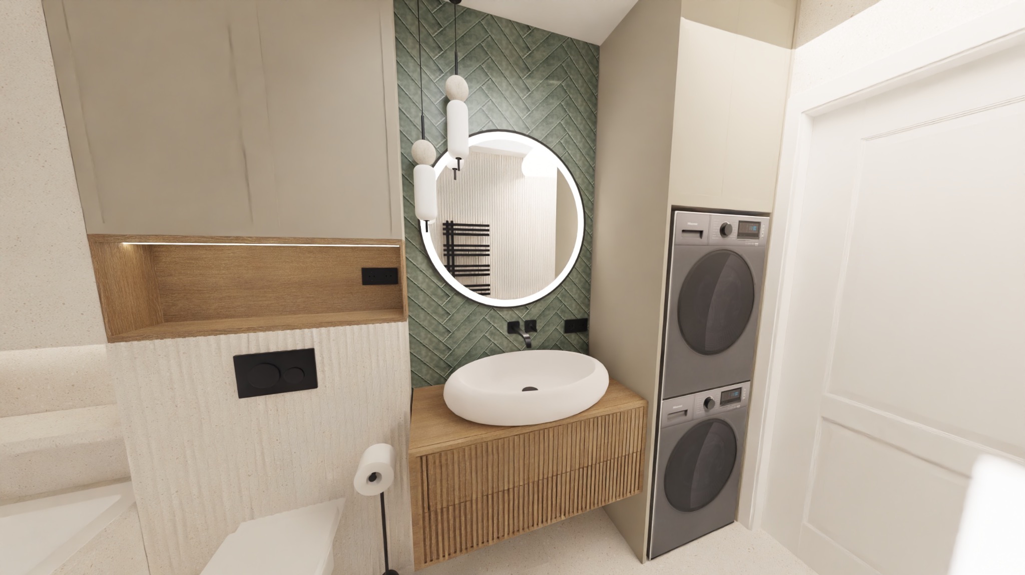 Nowoczesna łazienka z okrągłym lustrem LED, umywalką nablatową na drewnianej szafce i zieloną ścianą w jodełkę. Obok pralka w zabudowie i minimalistyczna toaleta.