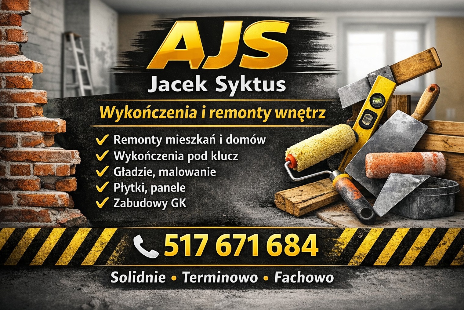 Baner reklamowy firmy AJS Jacek Syktus oferującej wykończenia i remonty wnętrz, z numerem telefonu i hasłem: Solidnie, Terminowo, Fachowo.