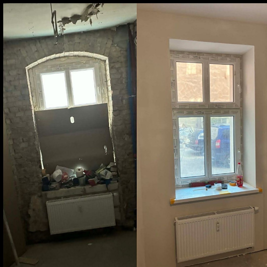 Zdjęcie 'przed i po' prezentujące remont wnęki okiennej: od surowej cegły i gruzu do gładkiej ściany z nowym oknem i parapetem. Widoczny grzejnik pod oknem.