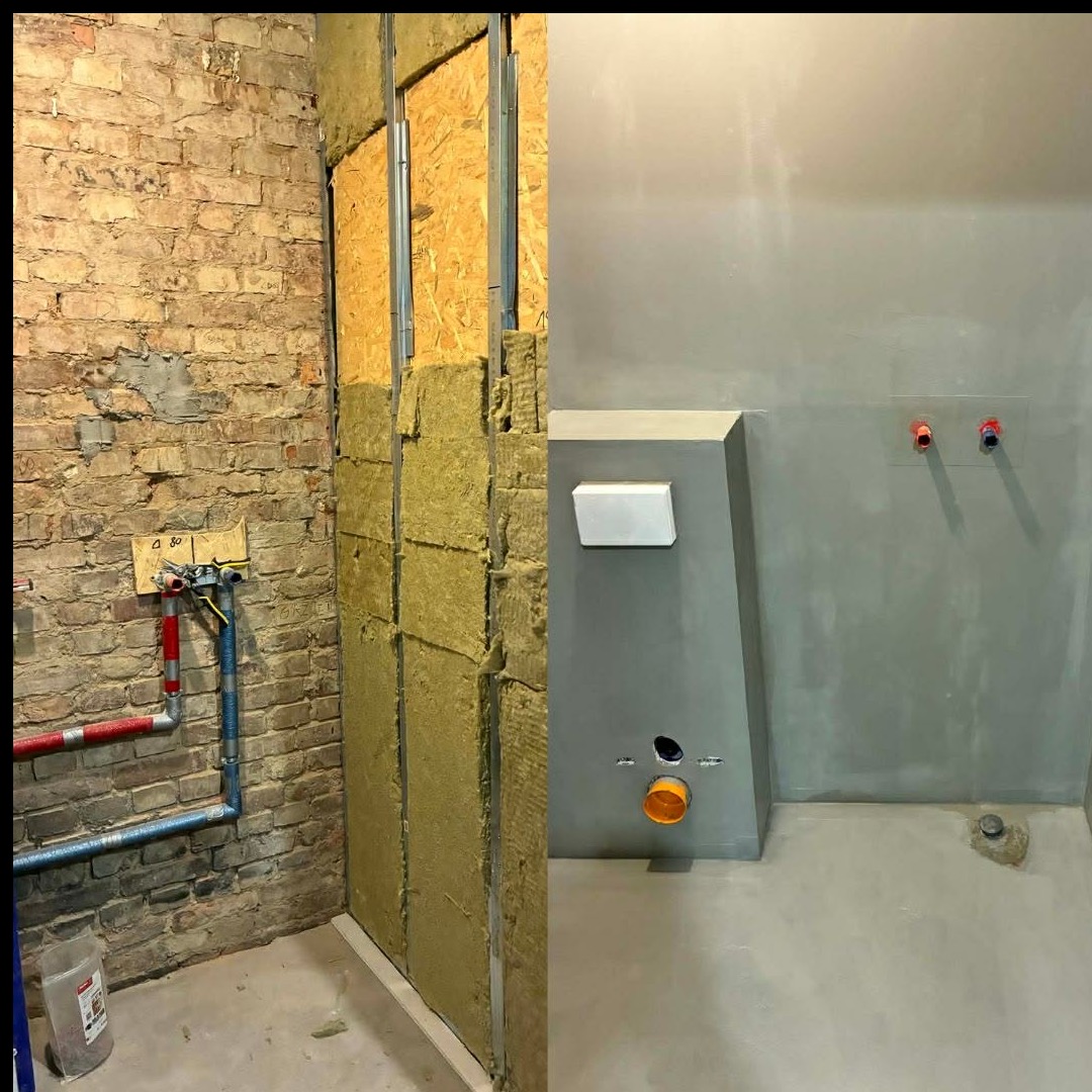 Remont łazienki: ściana z cegły przed izolacją i zabudową, oraz wykończona, szara ściana z podtynkową instalacją sanitarną i odpływem. Etapy prac.