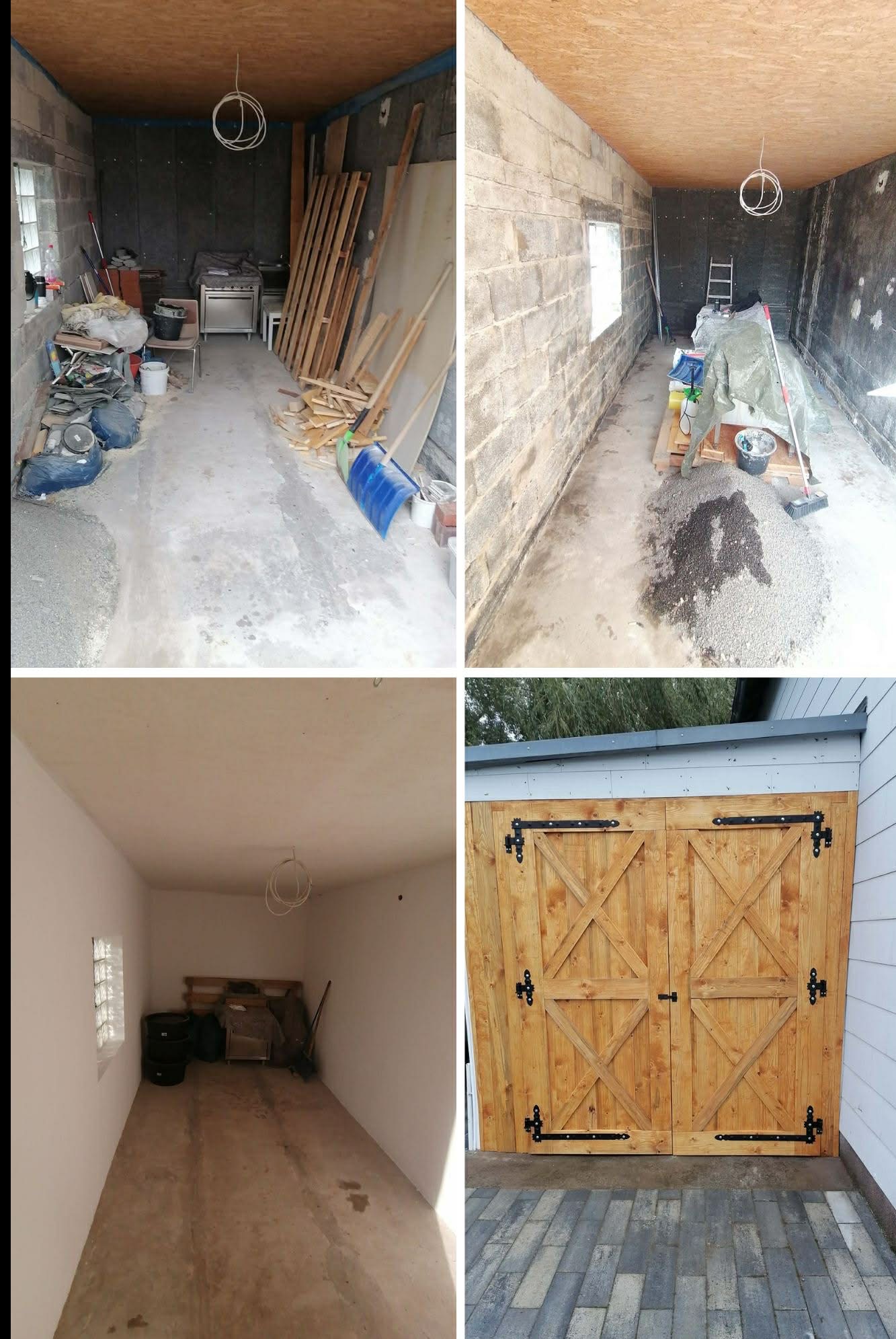 Czteropanelowe zdjęcie garażu: stan surowy, ściany z bloczków, po szpachlowaniu i pomalowaniu na biało, oraz gotowe drewniane wrota z czarnymi okuciami.