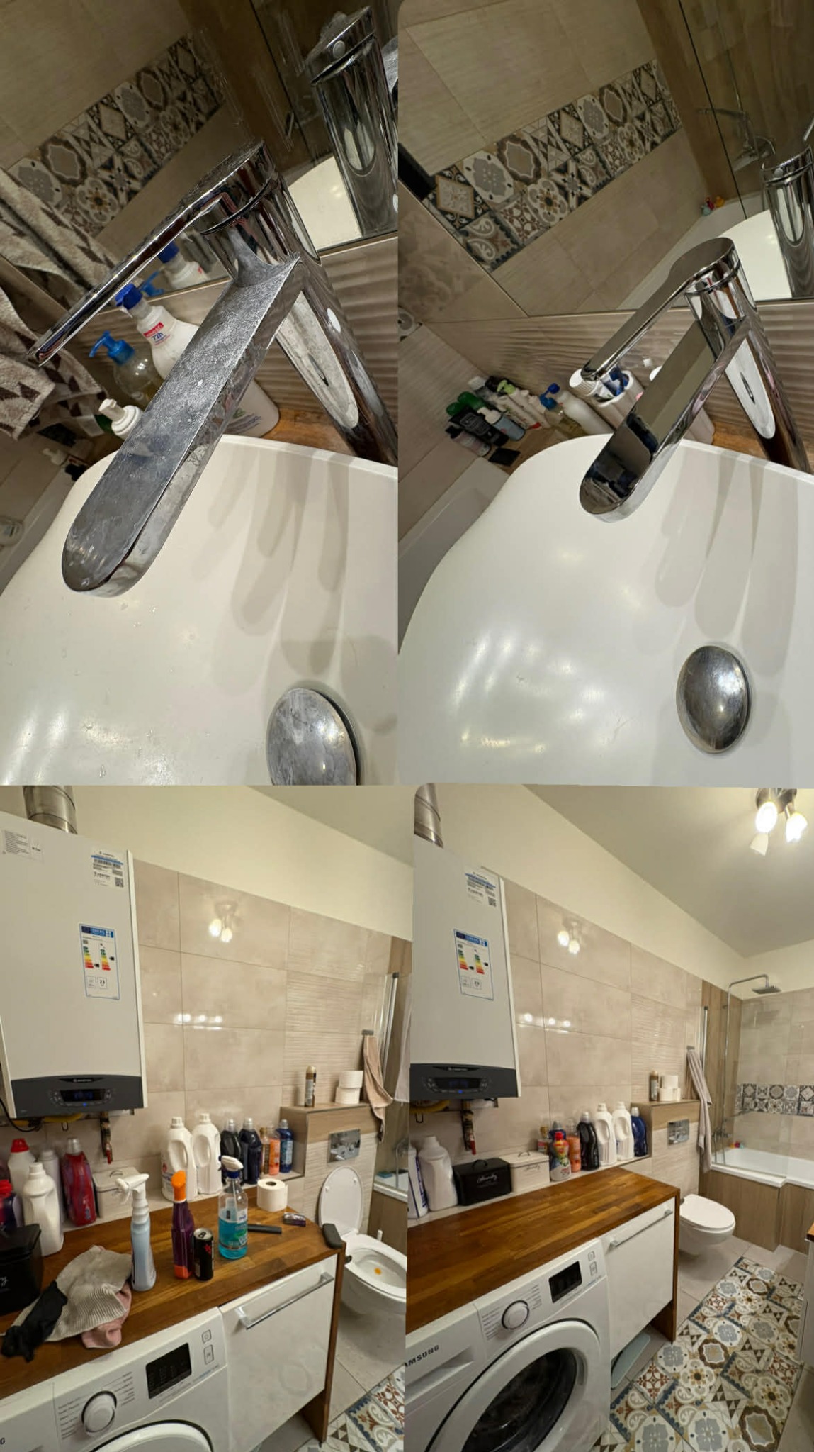 Kolaż prezentujący umywalkę i fragment łazienki przed i po czyszczeniu. Widoczne różnice w połysku armatury i czystości powierzchni.