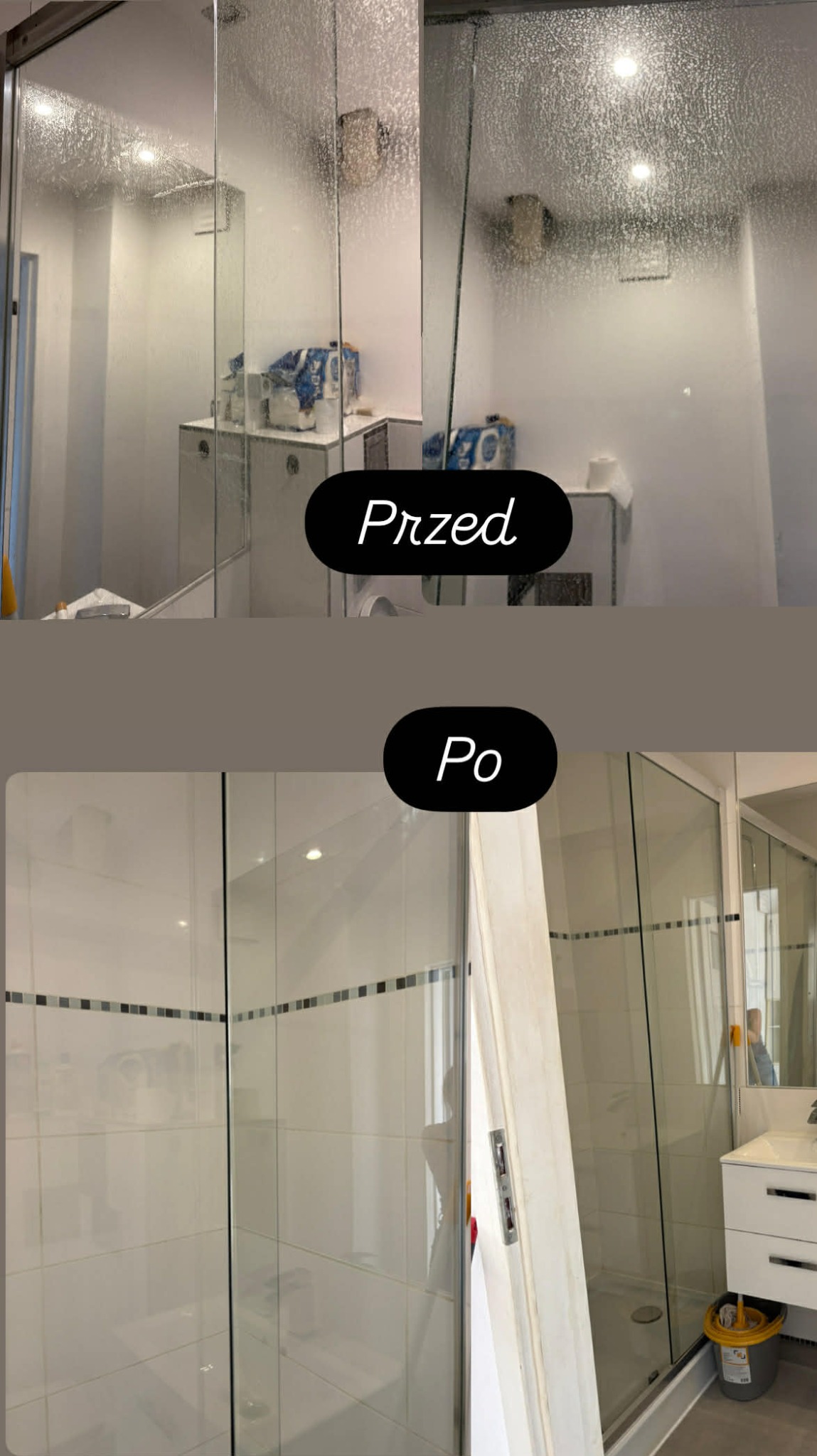 Zdjęcie 'przed i po' przedstawia kabinę prysznicową: zaparowaną i zabrudzoną, a następnie czystą i lśniącą. Widoczne białe płytki i umywalka z szafką.