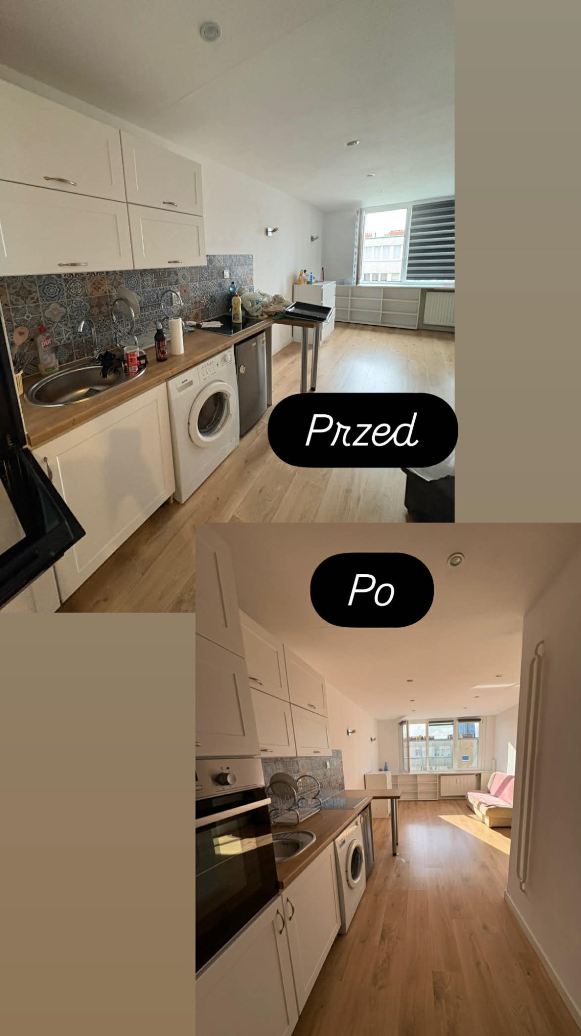 Zdjęcie 'przed i po' prezentujące metamorfozę wnętrza kuchni z salonem: od stanu z bałaganem do czystego, uporządkowanego pomieszczenia z jasnymi meblami i drewnianą podłogą.