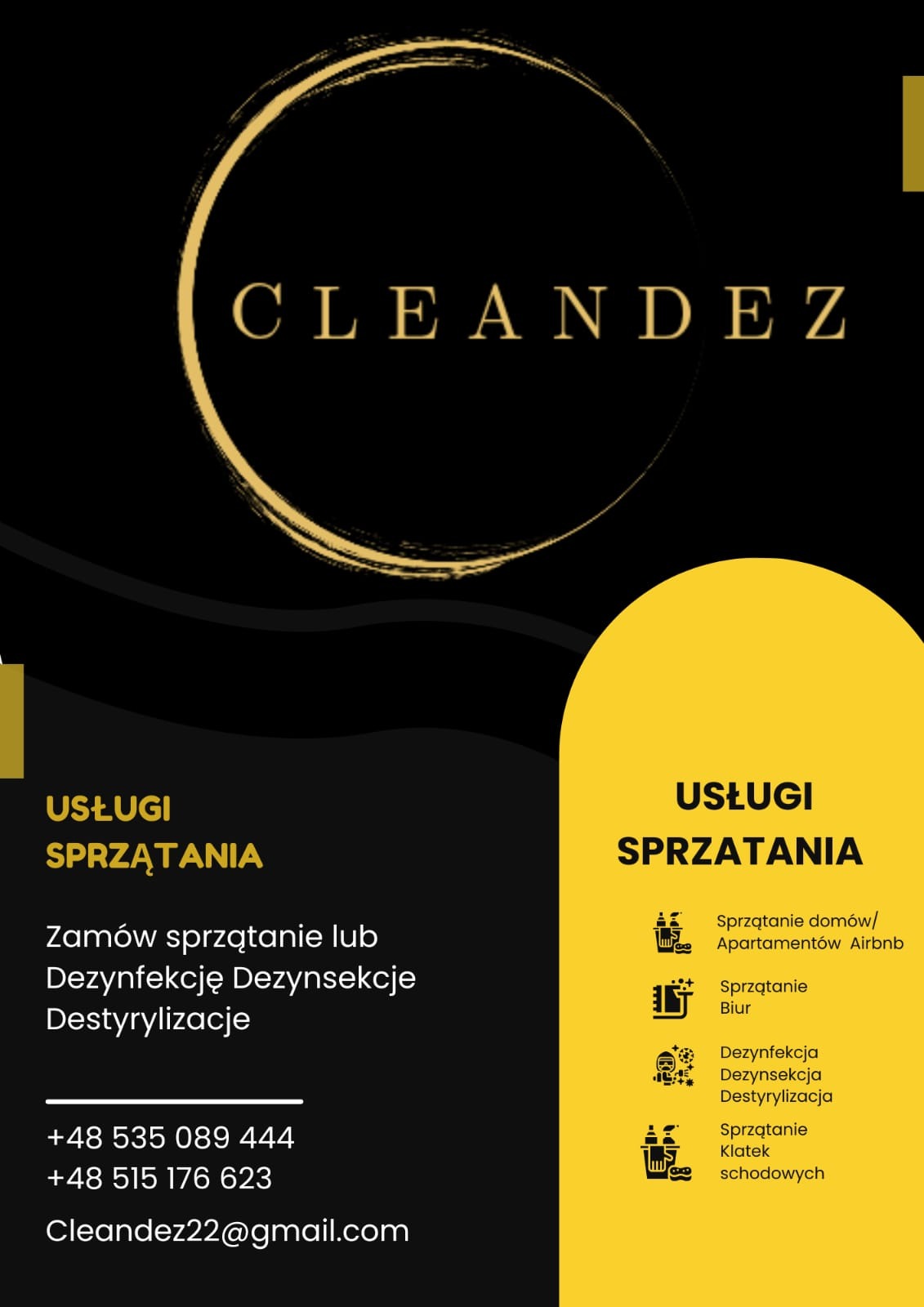 Grafika reklamowa firmy Cleandez oferującej usługi sprzątania, dezynfekcji i destyrylizacji. Złote logo na czarnym tle, z żółtymi akcentami i ikonami usług.
