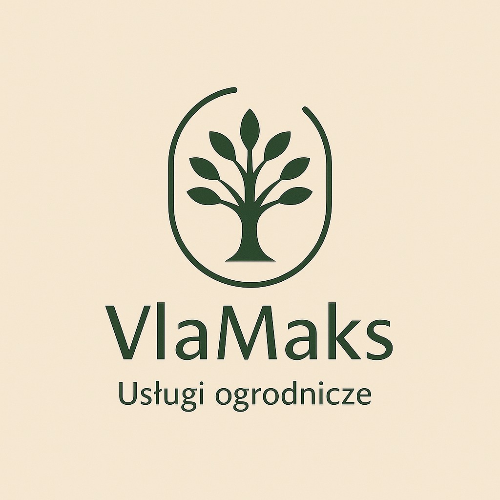 Logo firmy VlaMaks z motywem drzewa w okręgu i napisem 'Usługi ogrodnicze' w stonowanej zieleni na kremowym tle. Minimalistyczny design.