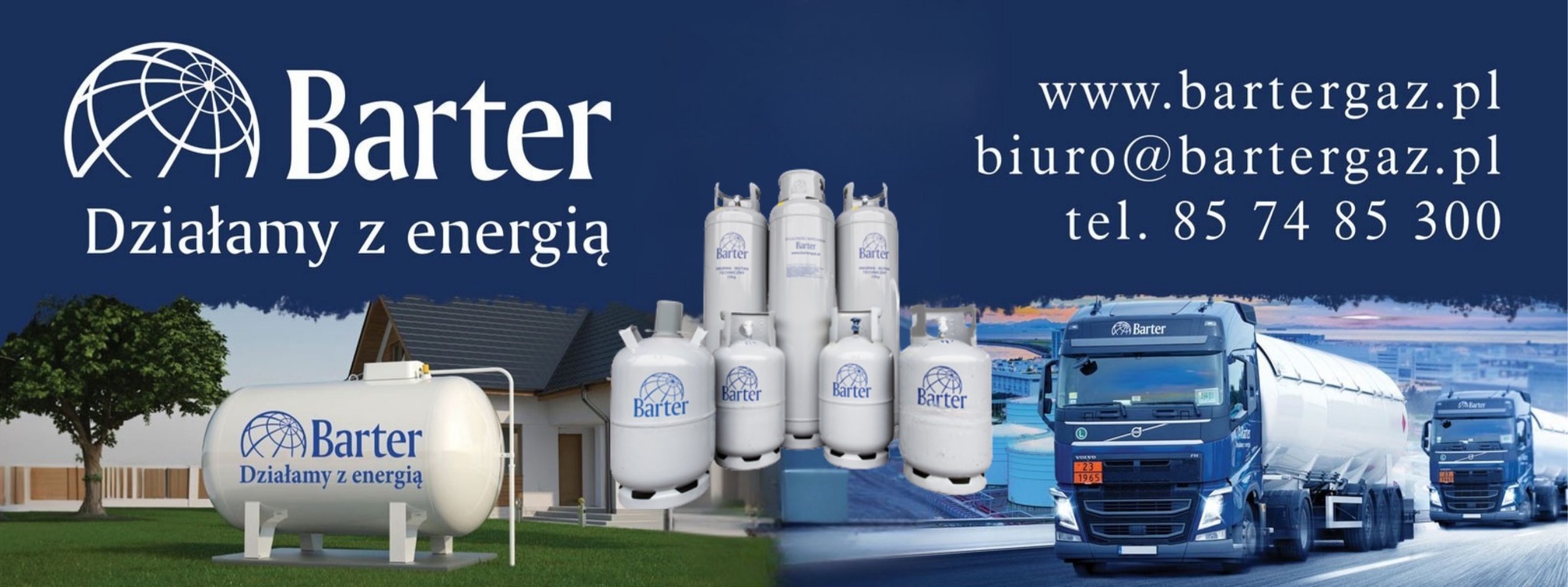 Reklama firmy Bartergaz: zbiornik na posesji, butle gazowe różnych rozmiarów i cysterny transportowe na tle miasta. Kontakt: www.bartergaz.pl, biuro@bartergaz.pl, tel. 85 74 85 300.