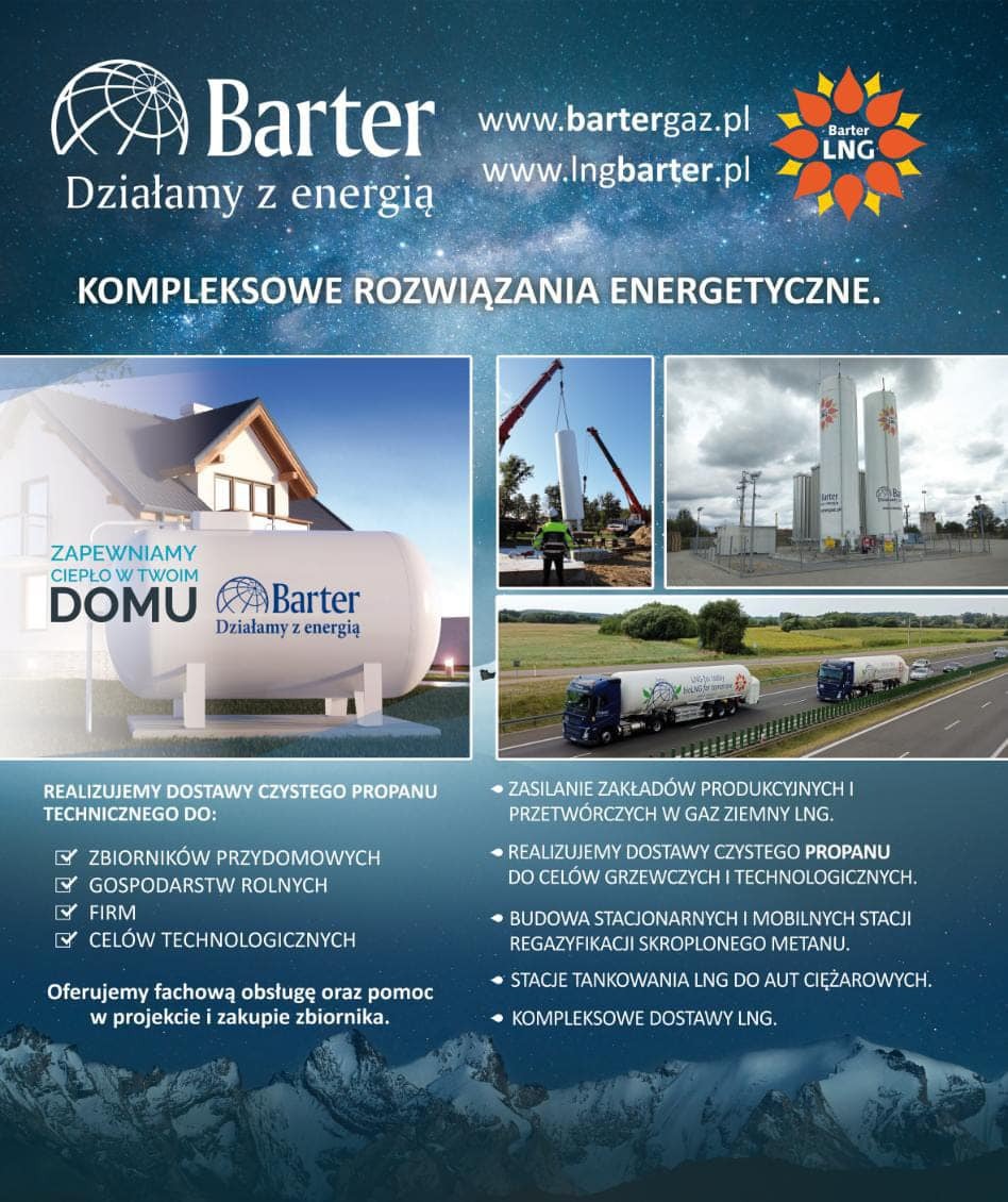 Kompleksowe rozwiązania energetyczne Barter: dostawy propanu do zbiorników przydomowych, firm, gospodarstw rolnych i celów technologicznych. LNG dla przemysłu i transportu.
