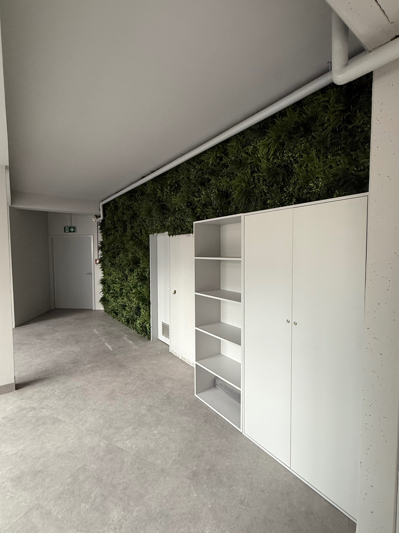 Białe szafy wnękowe z półkami, wkomponowane w ścianę z zielenią w Grodzisku Mazowieckim. Minimalistyczny design, jasne wnętrze, nowoczesne rozwiązanie do przechowywania.