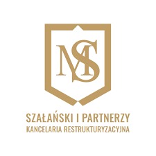 Złote logo kancelarii restrukturyzacyjnej Szalański i Partnerzy na białym tle. Herb z inicjałami 'MS' i nazwą firmy poniżej.