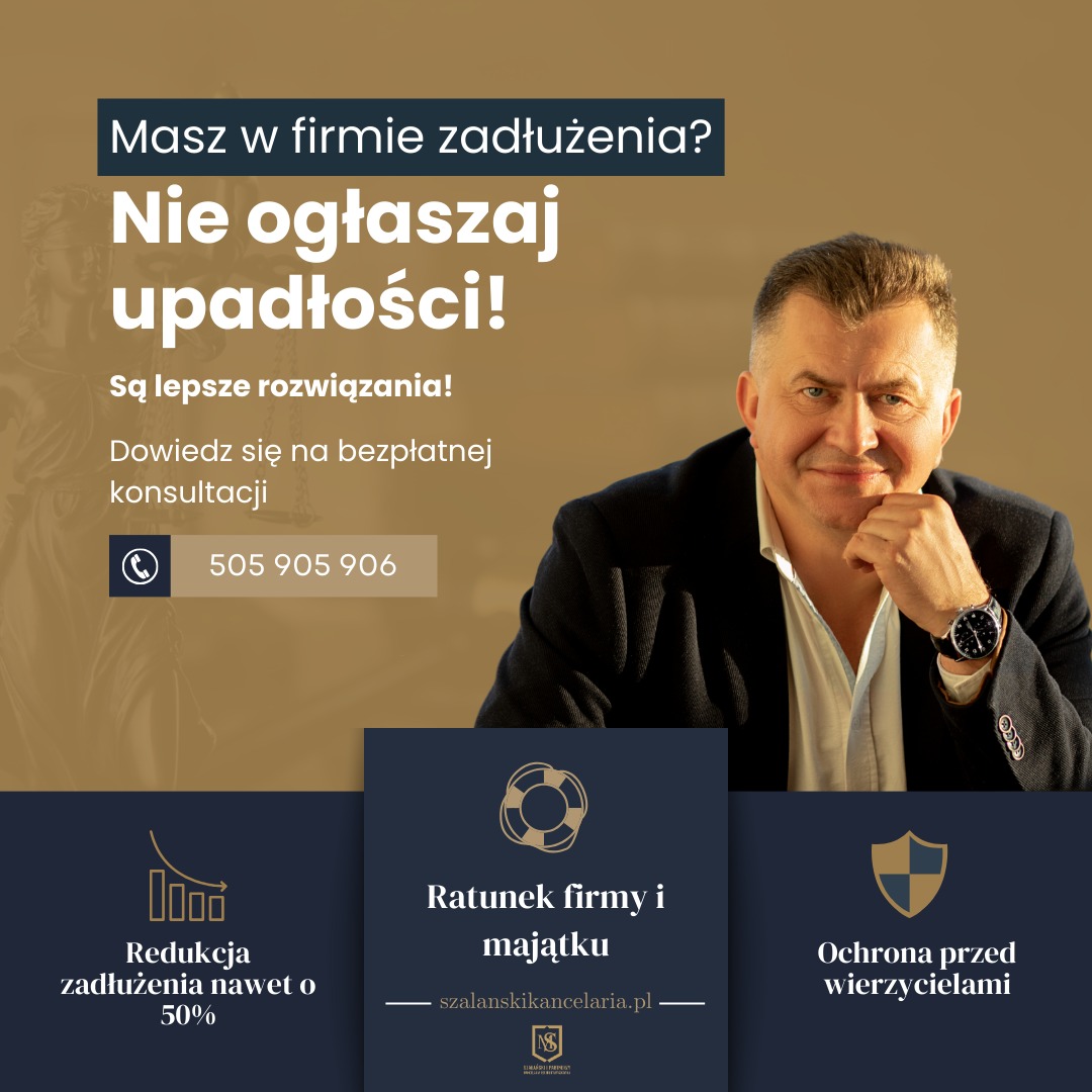 Mężczyzna w garniturze, oferta bezpłatnej konsultacji w sprawie zadłużeń firm, redukcja zadłużenia, ratunek majątku, ochrona przed wierzycielami. Kontakt telefoniczny.