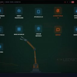 ledniowski.com to strona naszej firmy w formie interaktywnego „systemu operacyjnego”. Interfejs Windows pozwala otwierać okienka, które można przeciągać, minimalizować i maksymalizować. W tle działa animowany robot, a przycisk E-STOP zatrzymuje animacje.