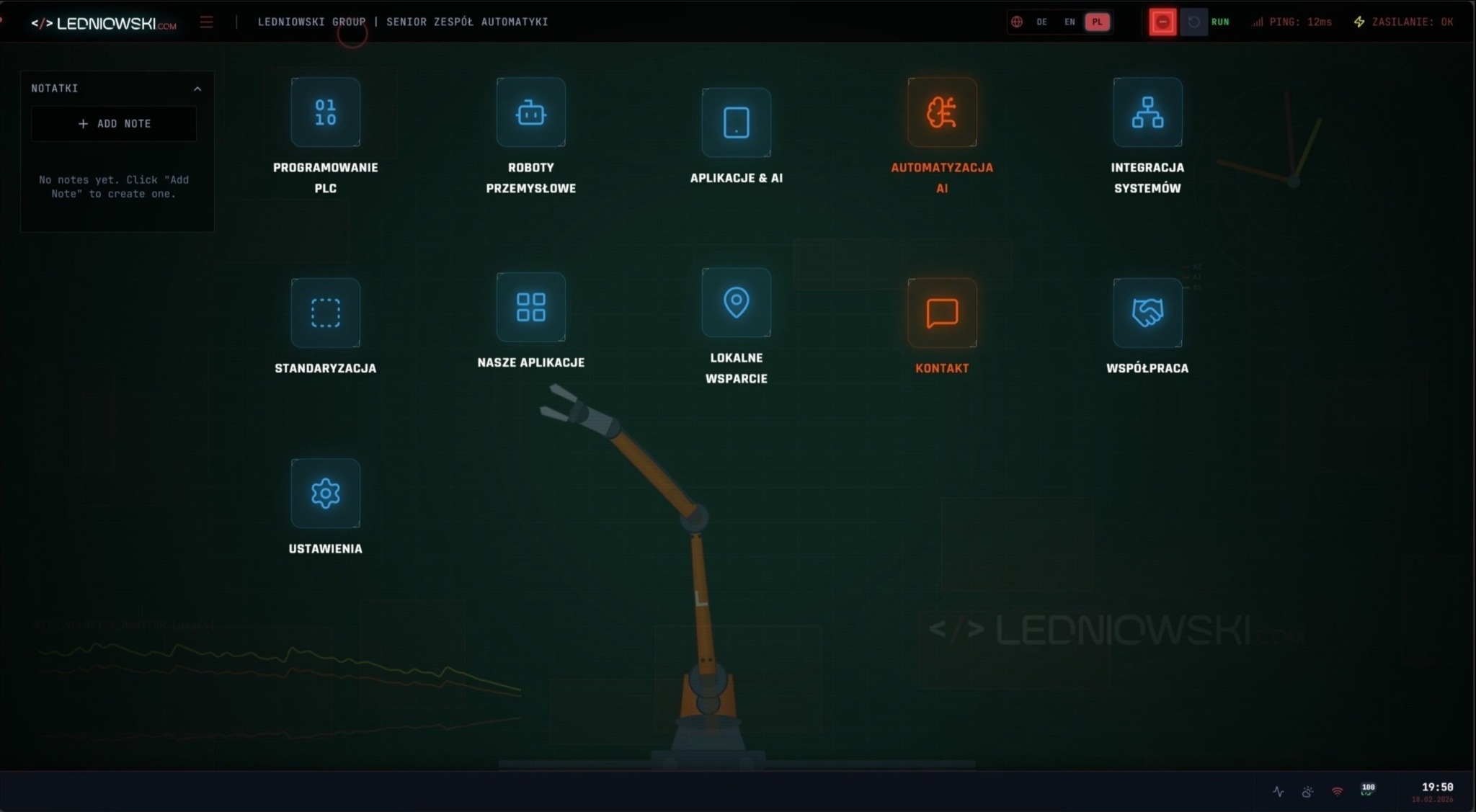 Interaktywna strona firmy Ledniowski.com w stylu systemu operacyjnego Windows. Widoczne okienka, animowany robot i przycisk E-STOP. Graficzny interfejs z ikonami.
