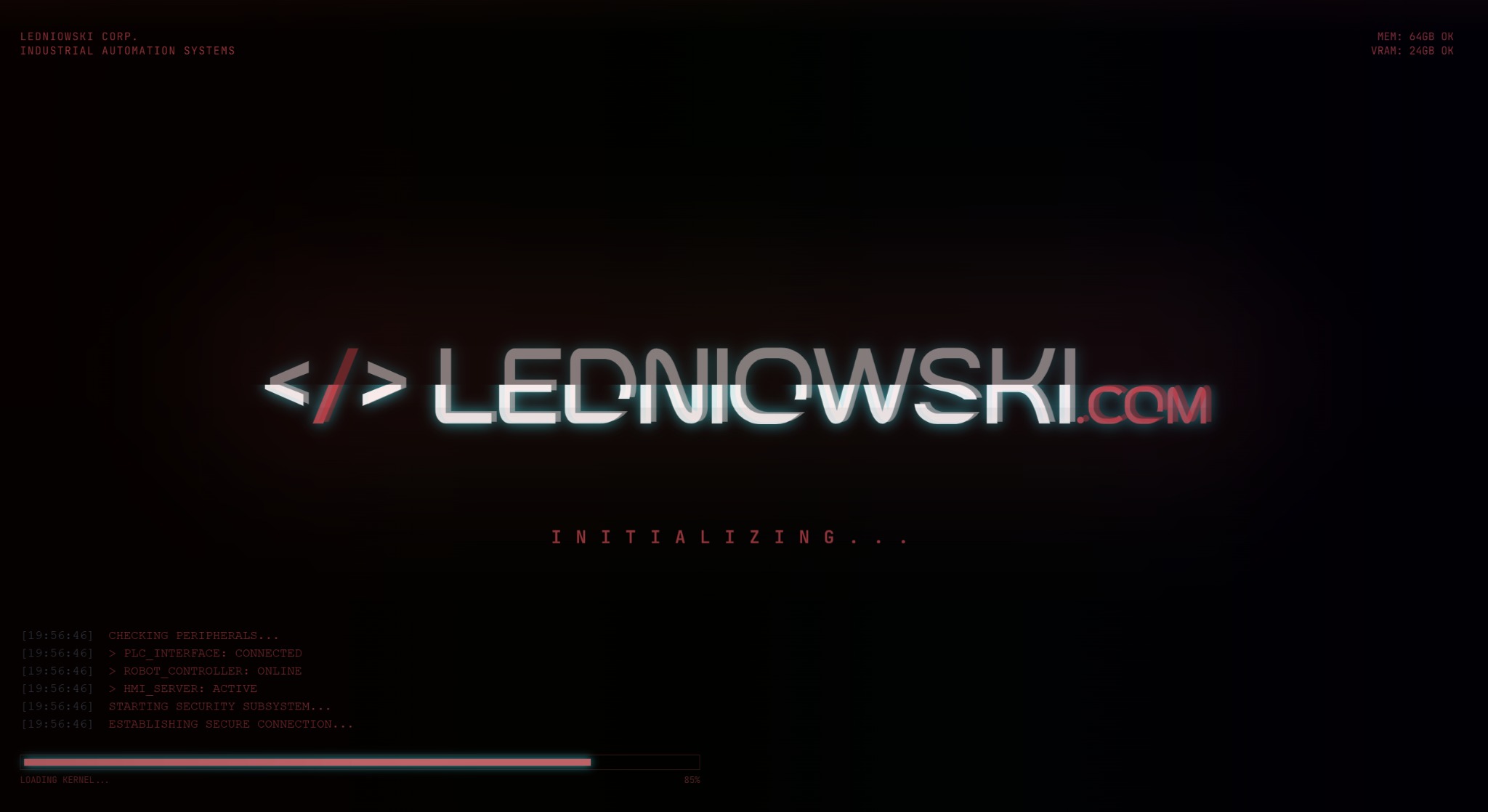 Ekran z nazwą firmy LEDNIOWSKI.COM w stylu interfejsu programistycznego, z tekstem 'INITIALIZING' i paskiem ładowania. Widoczne komunikaty o połączeniu z PLC i robotem.
