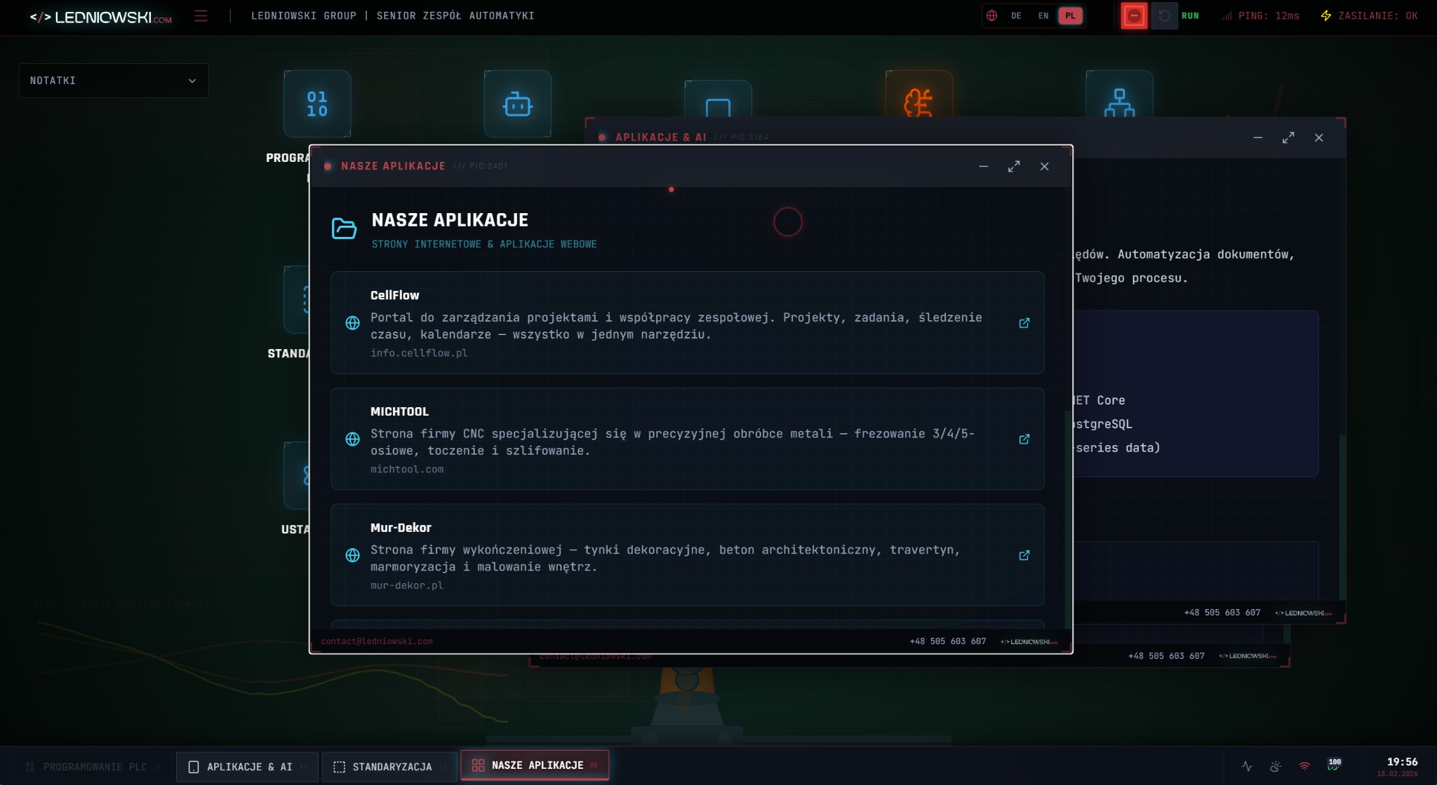 Ekran komputera z otwartym oknem 'Nasze Aplikacje', prezentującym listę stron internetowych i aplikacji webowych, w tym CellFlow, MICHTOOL i Mur-Dekor.