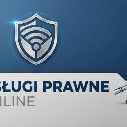 Wiktoria Zabój - Grafika: Usługi prawne online. Srebrny młotek sędziowski, tarcza z symbolem Wi-Fi na granatowo-białym tle. Nowoczesny design, akcent na dostępność usług prawnych przez internet.