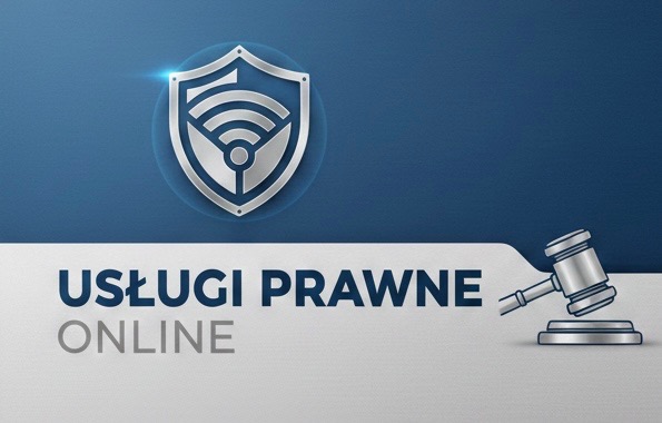 Grafika: Usługi prawne online. Srebrny młotek sędziowski, tarcza z symbolem Wi-Fi na granatowo-białym tle. Nowoczesny design, akcent na dostępność usług prawnych przez internet.