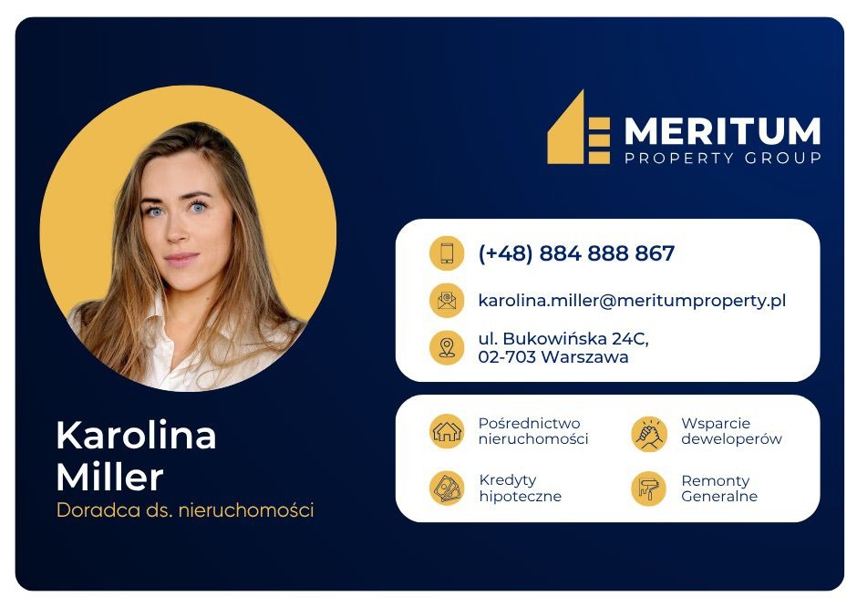 Wizytówka doradcy ds. nieruchomości, Karolina Miller, z danymi kontaktowymi i logo Meritum Property Group na granatowym tle z żółtymi akcentami.