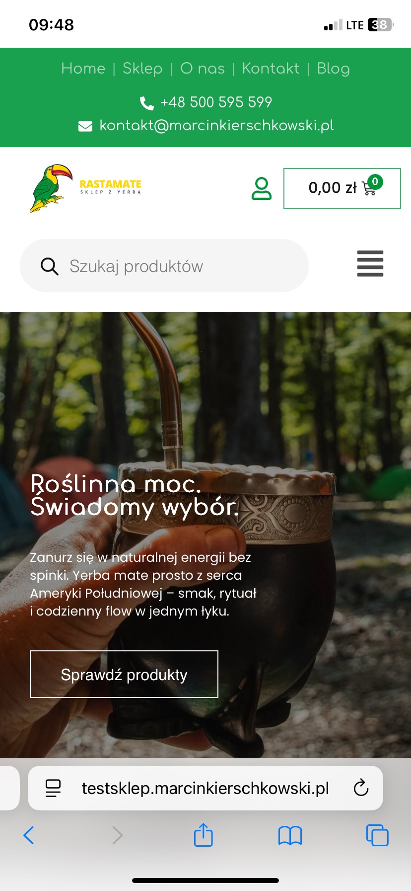 Zrzut ekranu strony sklepu internetowego z yerba mate, prezentujący ofertę i hasło reklamowe 'Roślinna moc. Świadomy wybór.'