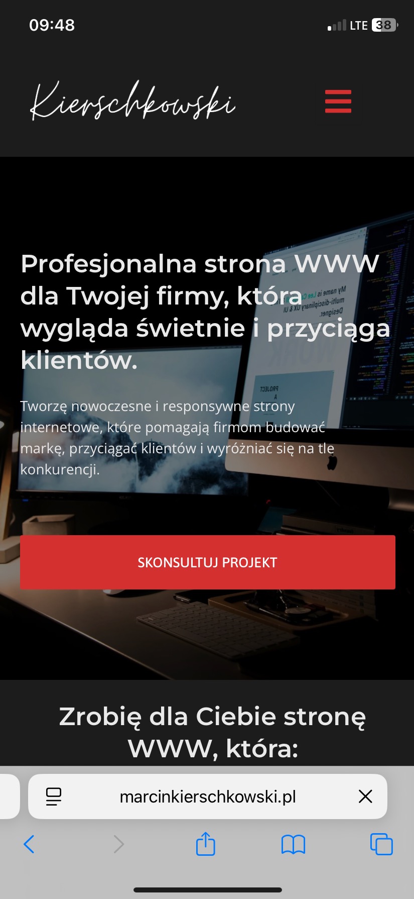 Ekran iPhone z otwartą stroną internetową firmy Kierschkowski, prezentującą ofertę tworzenia profesjonalnych stron WWW dla firm. Widoczny adres strony i przycisk 'Skonsultuj projekt'.