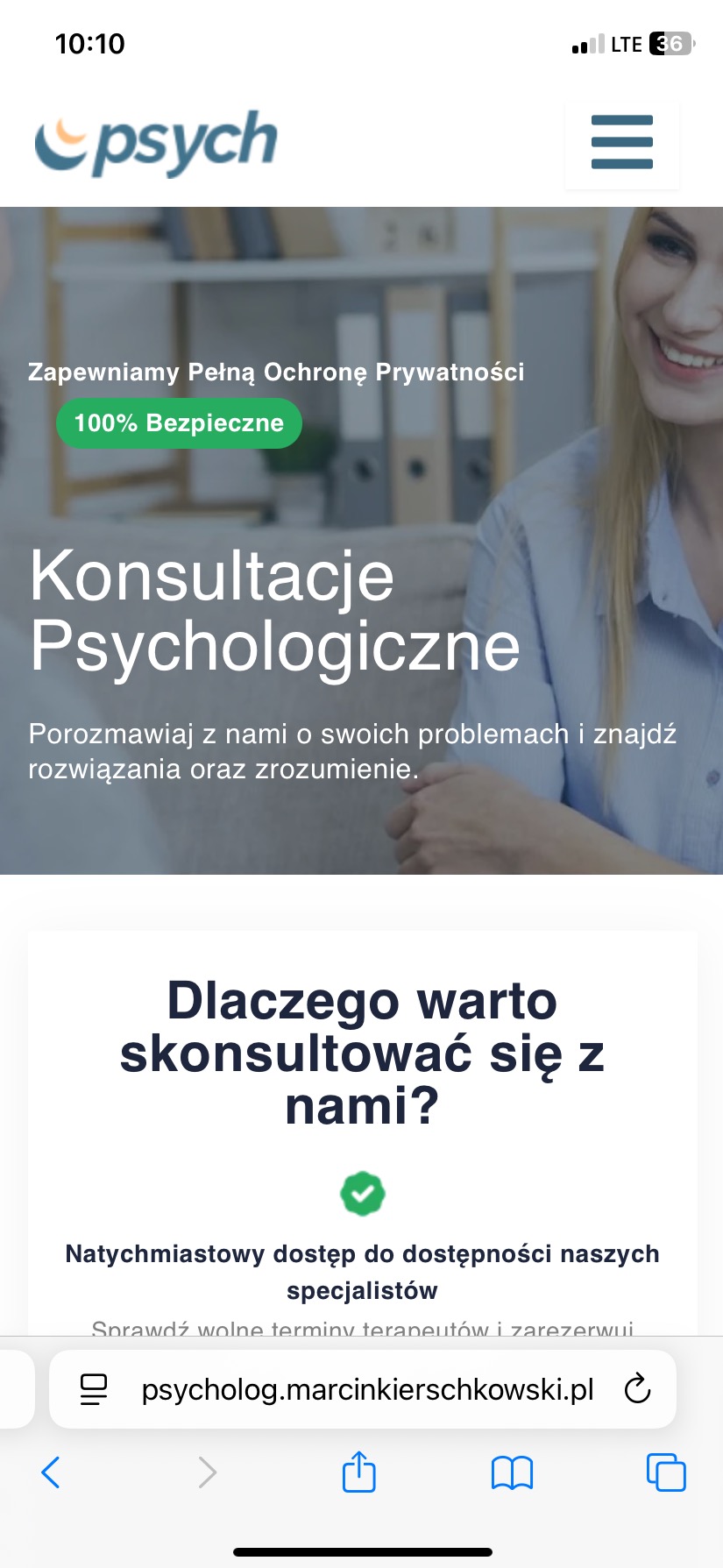Strona internetowa psychologa z hasłem 'Konsultacje Psychologiczne' i zapewnieniem o ochronie prywatności. Widoczny adres strony w przeglądarce.