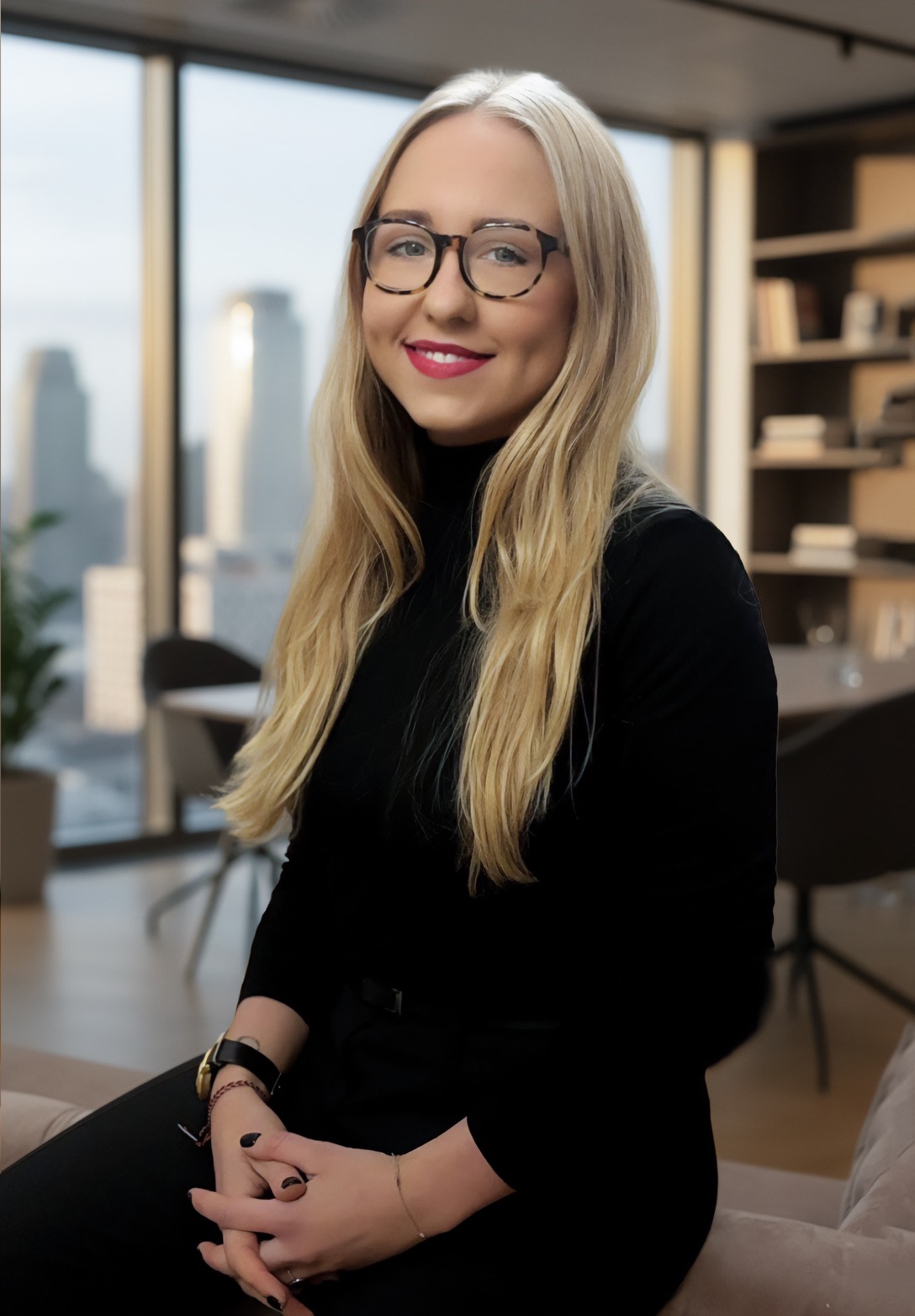 Portret uśmiechniętej blondynki w okularach, ubrana na czarno, siedzącej w nowoczesnym biurze z widokiem na miasto w tle. Dłonie splecione.