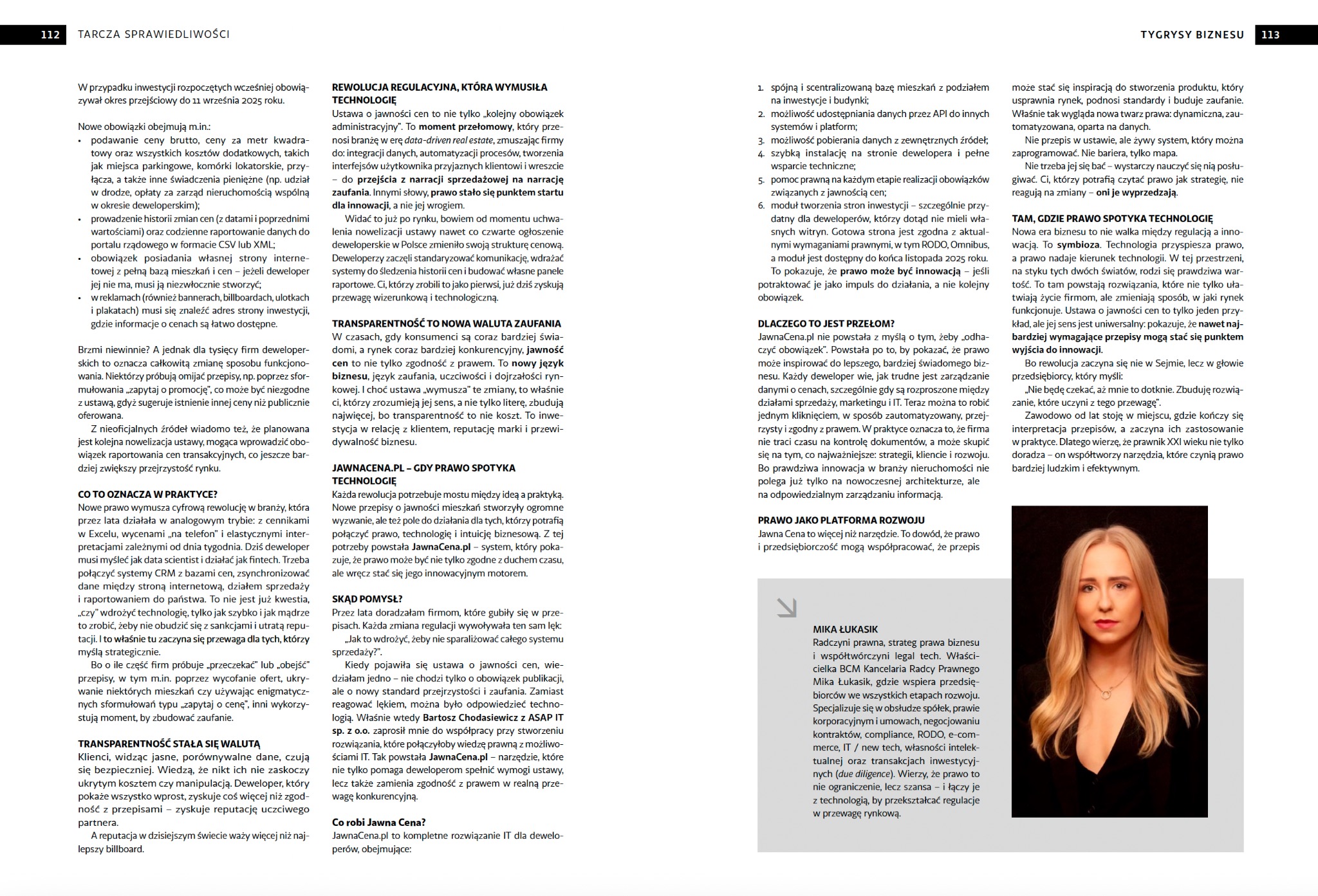 Artykuł prasowy o prawie i technologii, z portretem radczyni prawnej Miki Łukasik. Tekst o jawności cen i innowacjach w branży deweloperskiej.