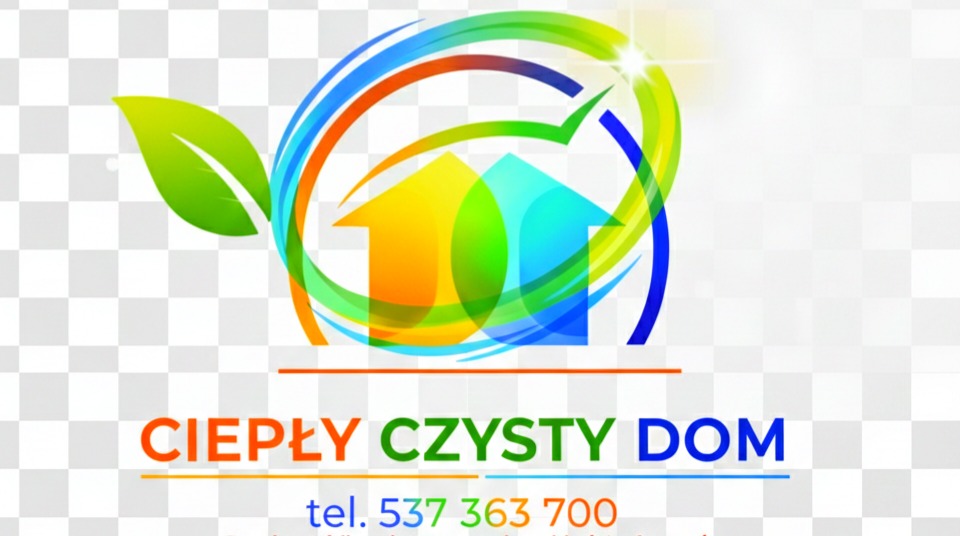 Kolorowe logo firmy 'Ciepły Czysty Dom' z motywem strzałek i liścia, numer telefonu na jasnym tle. Grafika promuje usługi związane z komfortem cieplnym i czystością.