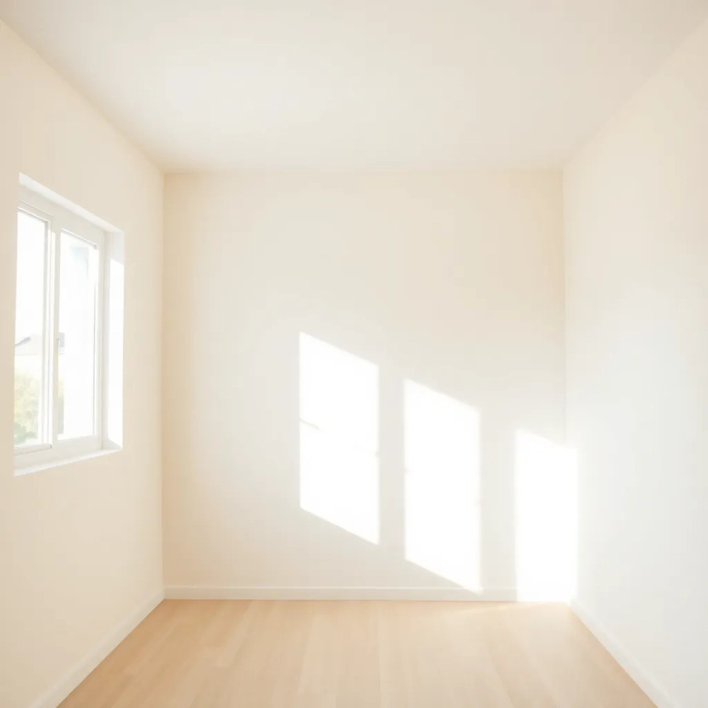 Jasne, puste wnętrze po malowaniu w Otwocku. Ściany w odcieniach bieli, drewniana podłoga, okno z widokiem na zieleń. Promienie słoneczne wpadają do środka.