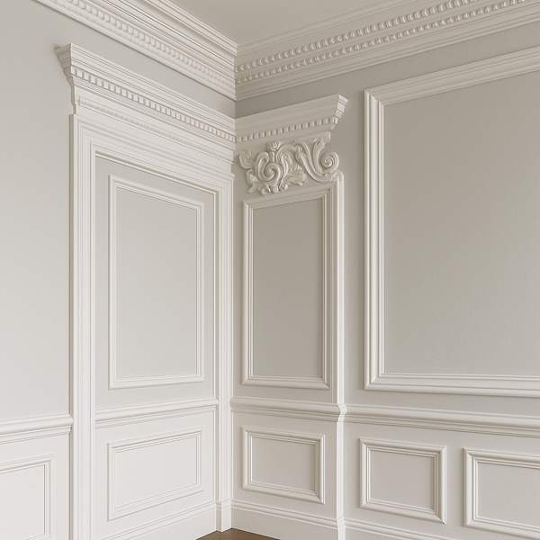 Eleganckie wykończenie ścian z dekoracyjnymi panelami i sztukaterią w odcieniach bieli. Klasyczny design wnętrza z precyzyjnymi detalami i subtelnym oświetleniem.