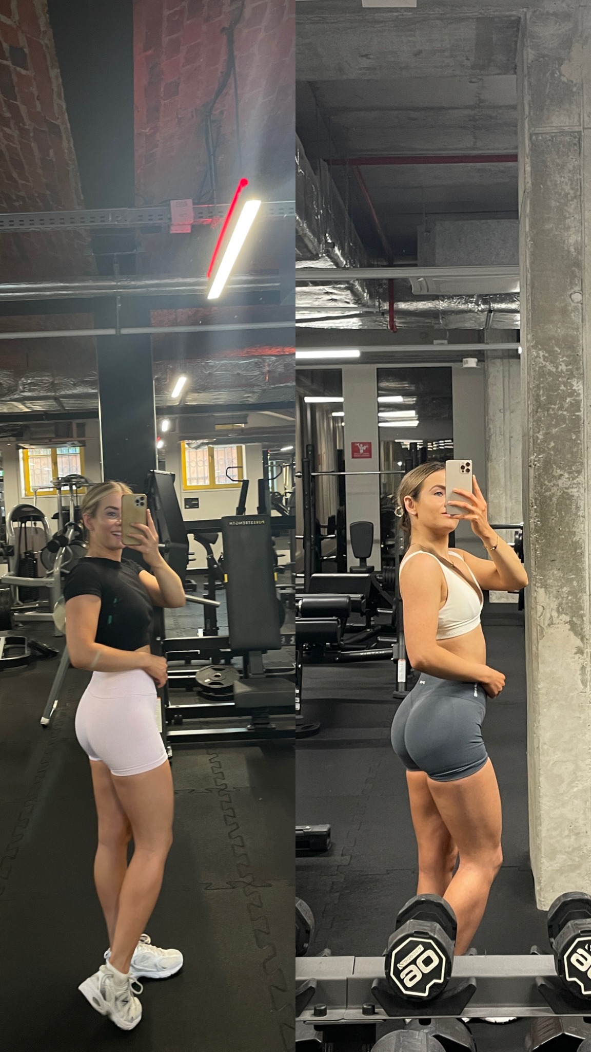 Kobieta robi selfie w lustrze na siłowni, prezentując sylwetkę przed i po treningu. Widoczne zmiany w budowie ciała i stroju sportowym.