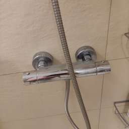 Ark - Bateria prysznicowa termostatyczna, chromowana, zamontowana na beżowych płytkach. Widoczny wąż prysznicowy i półka łazienkowa. Ujęcie z bliska, lekko od dołu.