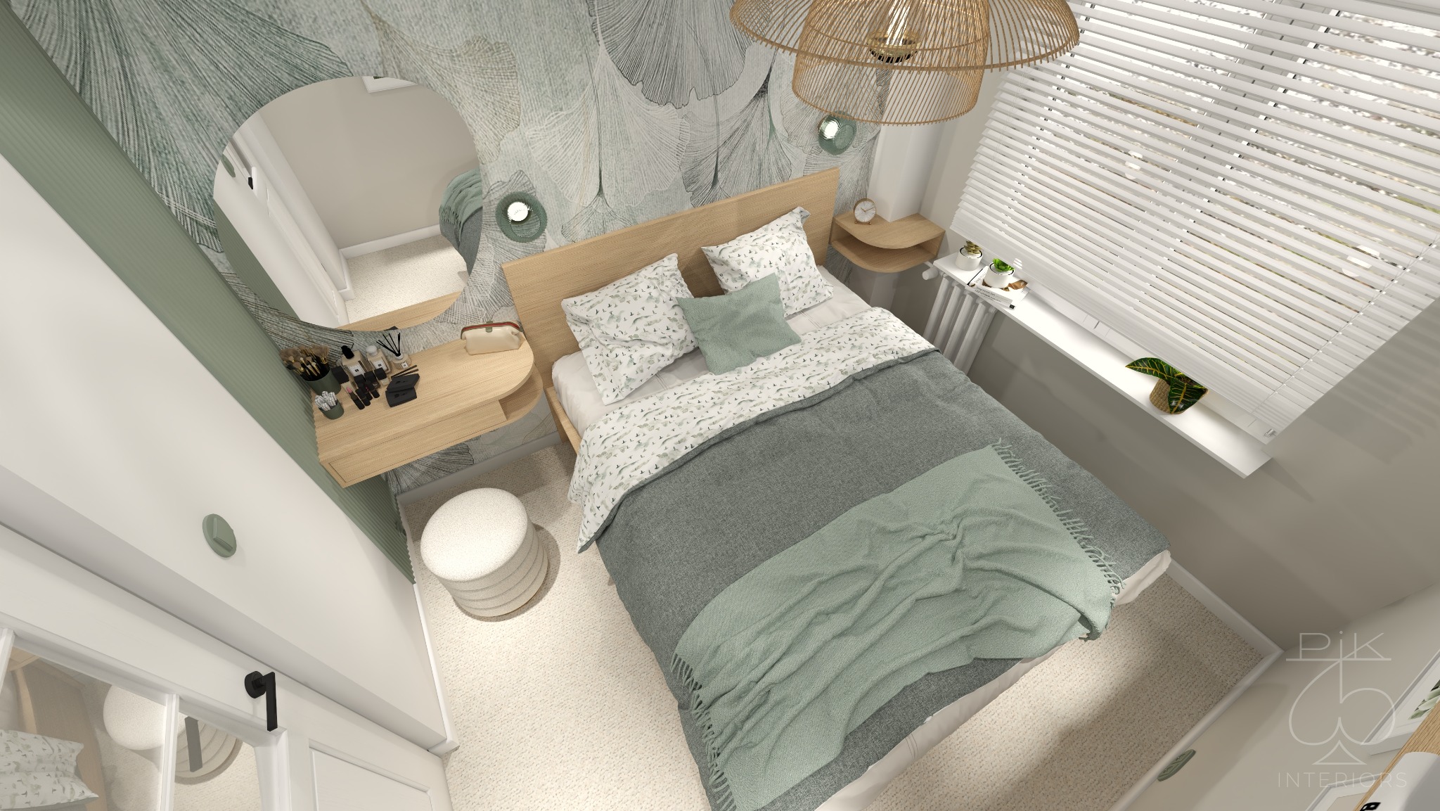 Sypialnia w odcieniach zieleni z toaletką i okrągłym lustrem, widok z góry. Tapeta w liście, drewniane elementy, rolety w oknie. Przytulna aranżacja.