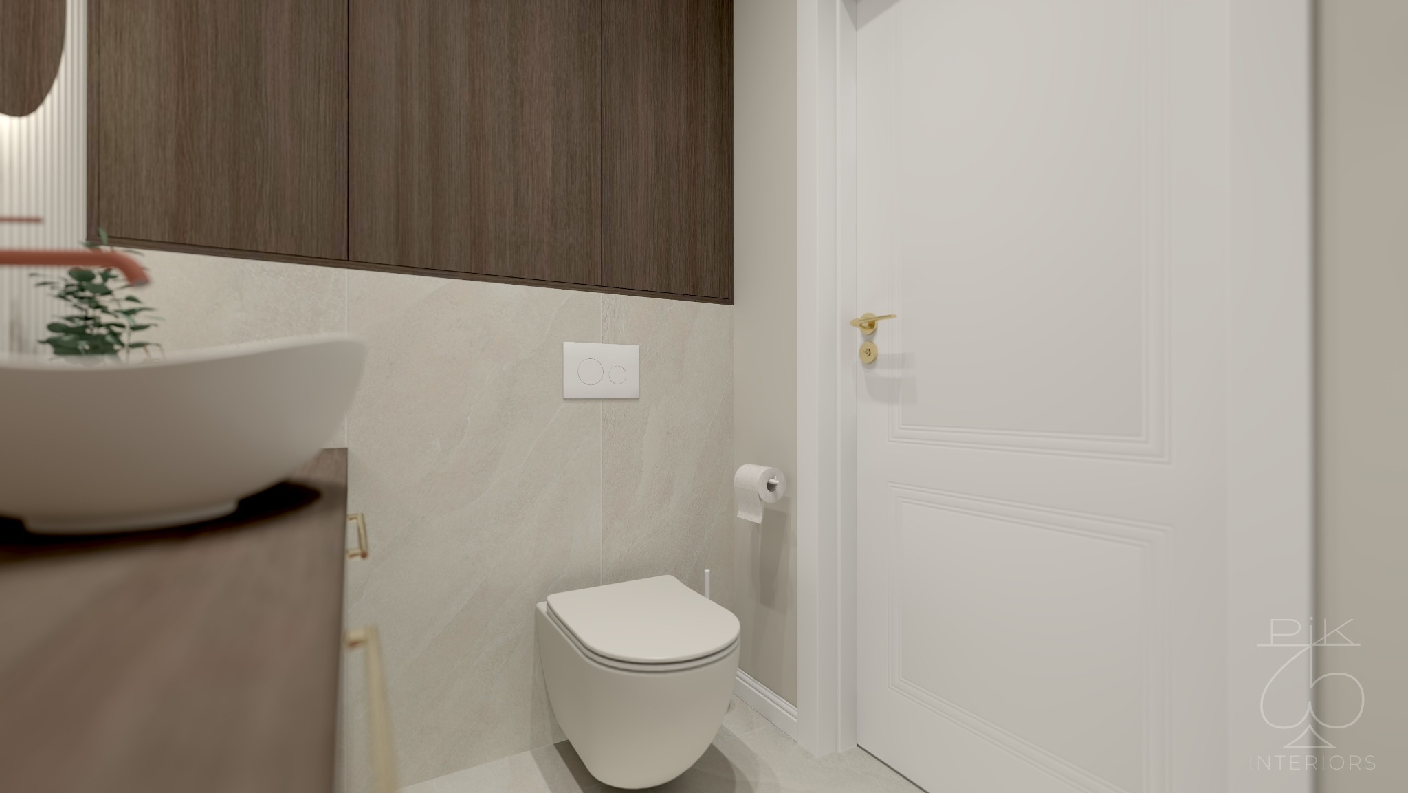 Nowoczesna toaleta dla gości z wiszącą miską WC, umywalką nablatową i szafkami w odcieniach brązu. Minimalistyczny design z akcentami złota na uchwytach i armaturze.