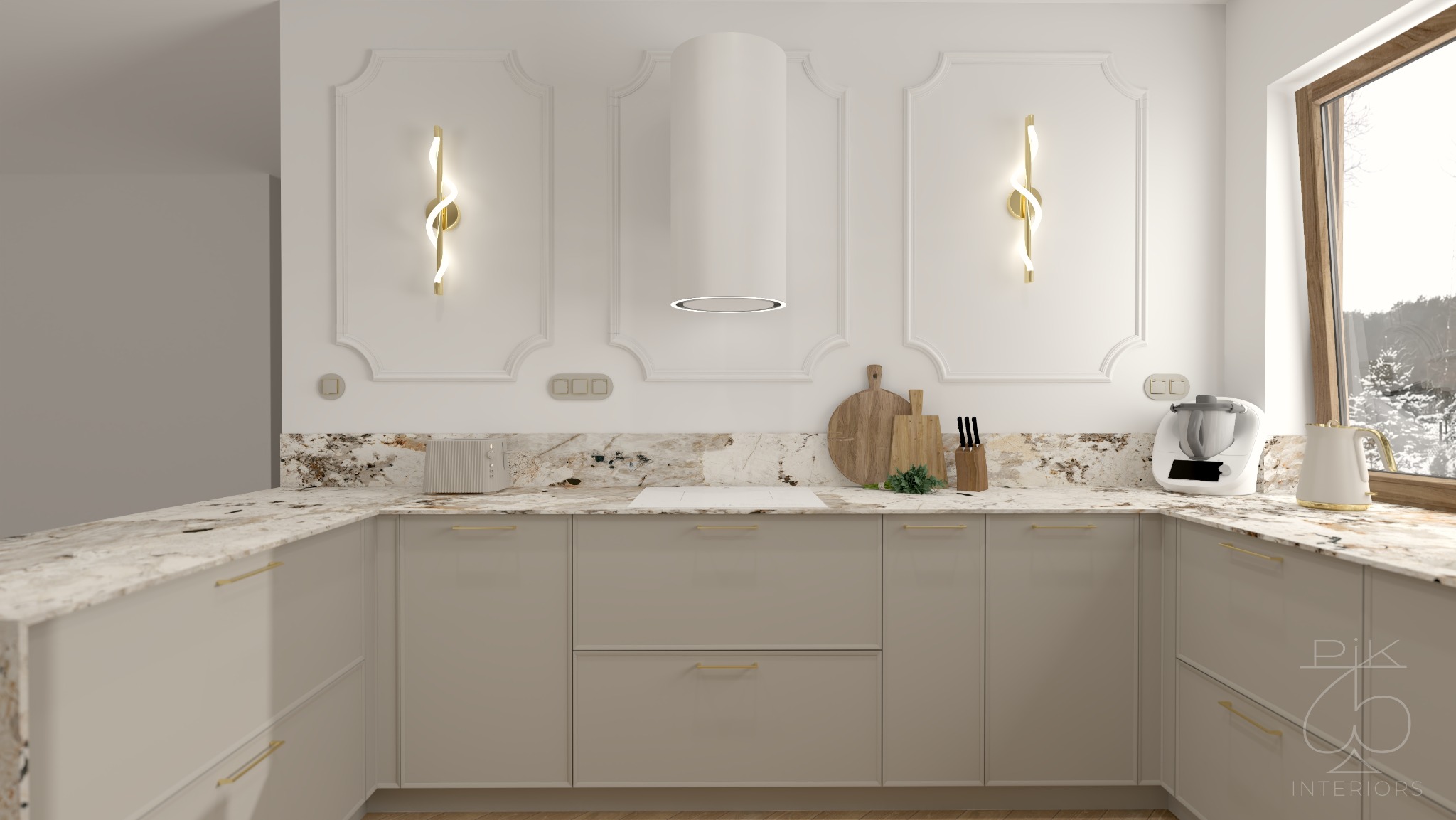 Elegancka kuchnia w stylu modern classic z beżowymi szafkami, marmurowym blatem i dekoracyjnymi lampami ściennymi. Widok na okno z zimowym krajobrazem.
