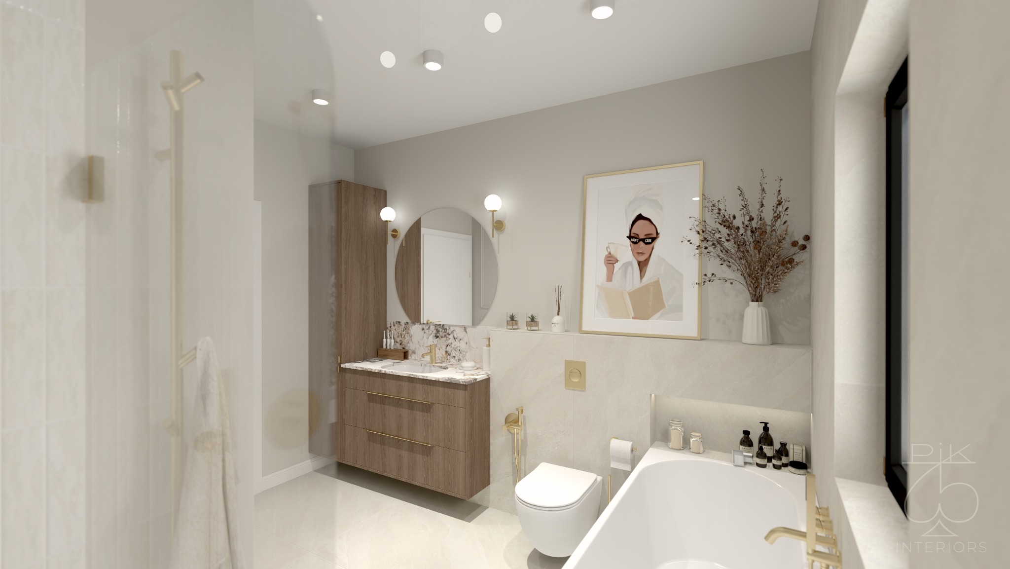 Elegancka łazienka w stylu modern classic z drewnianą szafką pod umywalką, okrągłym lustrem i subtelnymi złotymi akcentami. Uwagę przykuwa grafika w złotej ramie.