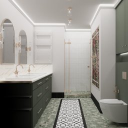 Chaberek Paweł Business Consulting - Nowoczesna łazienka z zielonymi szafkami, marmurowym blatem i złotymi akcentami. Kabina prysznicowa ze złotymi ramami, wzorzysta podłoga i dekoracyjne lustra.