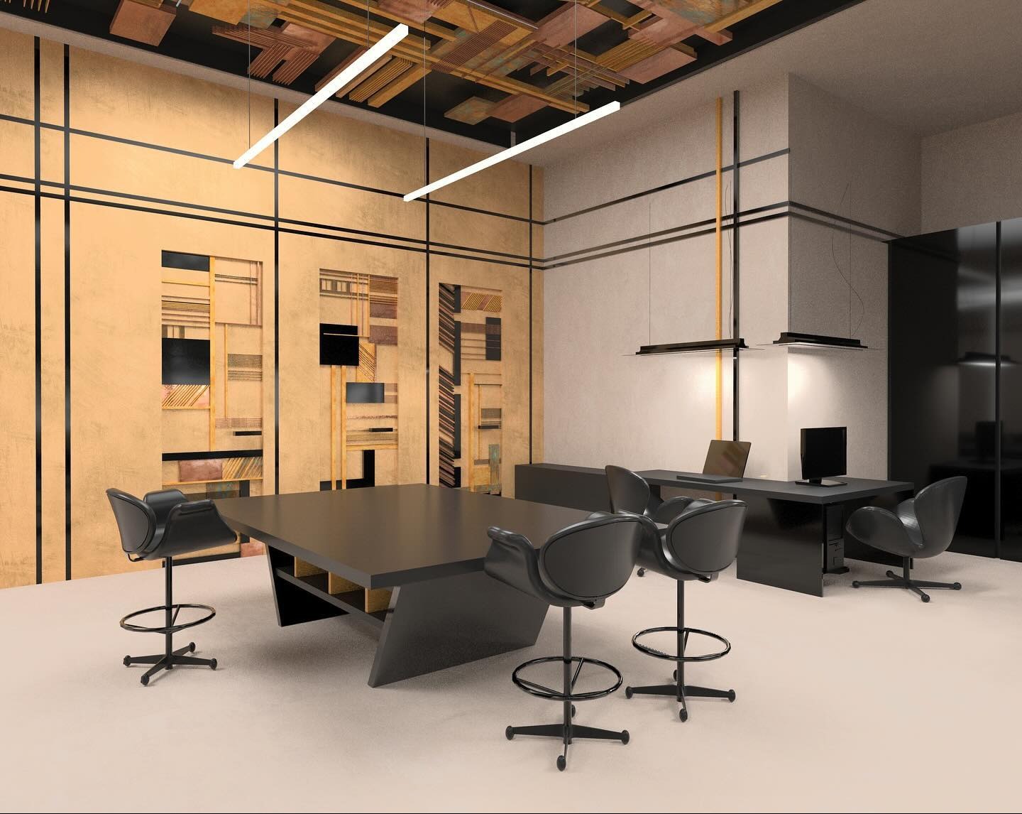 Nowoczesne biuro projektowe z dużym stołem konferencyjnym, designerskimi krzesłami barowymi i unikalną dekoracją ścian w odcieniach beżu i czerni. Oświetlenie liniowe.