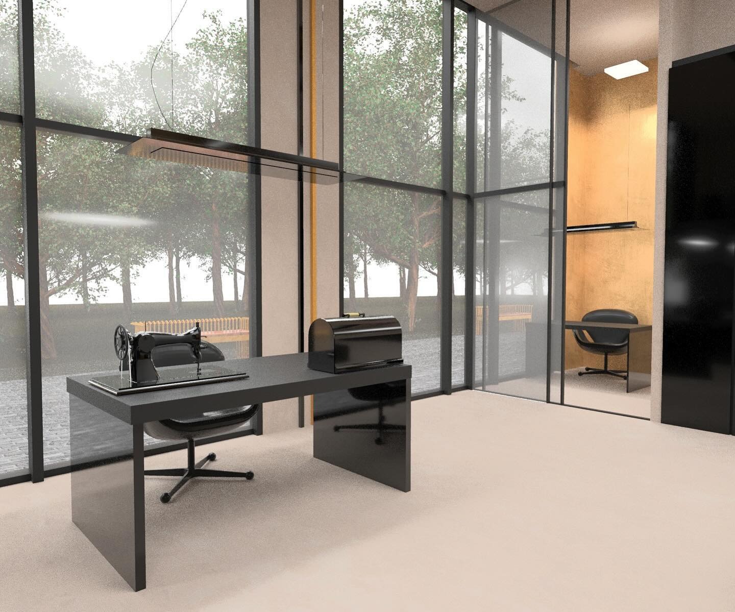 Nowoczesne biuro projektowania ubrań z maszyną do szycia na czarnym biurku, duże okna z widokiem na zieleń. Minimalistyczny design, oświetlenie liniowe.