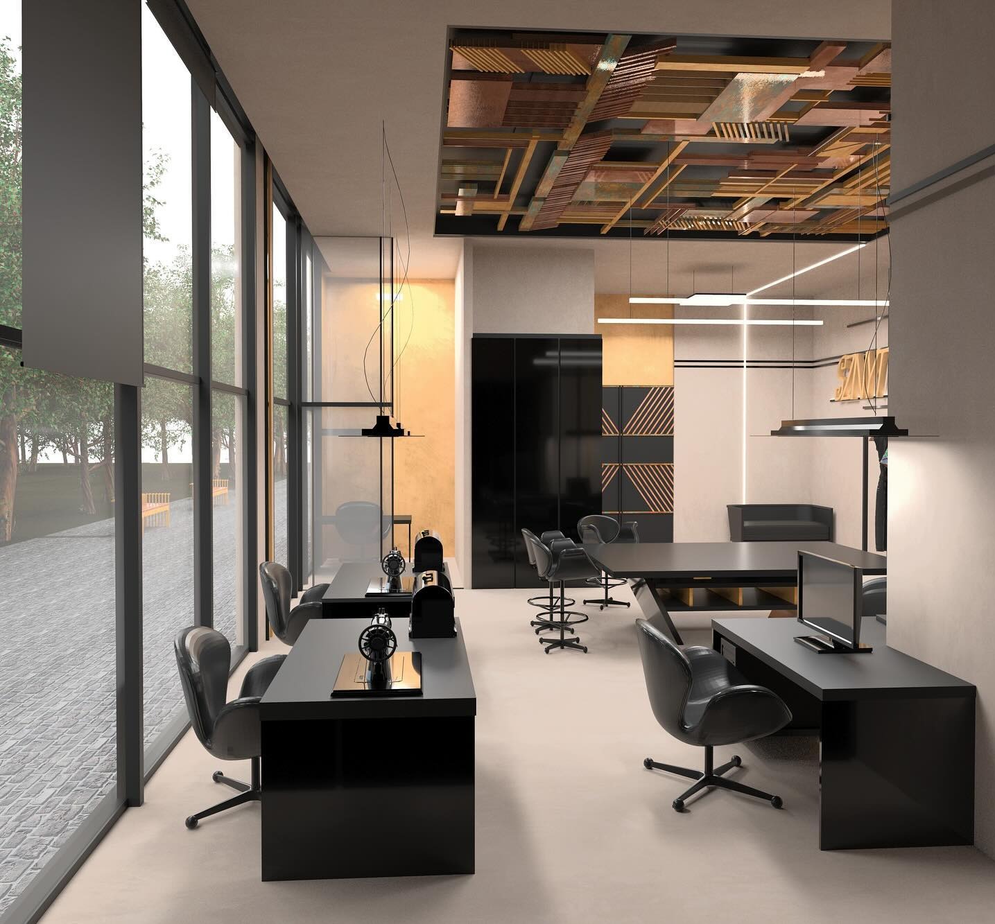 Nowoczesne biuro projektowe z dużymi oknami, czarnymi meblami i dekoracyjnym sufitem. Stanowiska pracy z maszynami do szycia. Minimalistyczny design, jasne wnętrze.