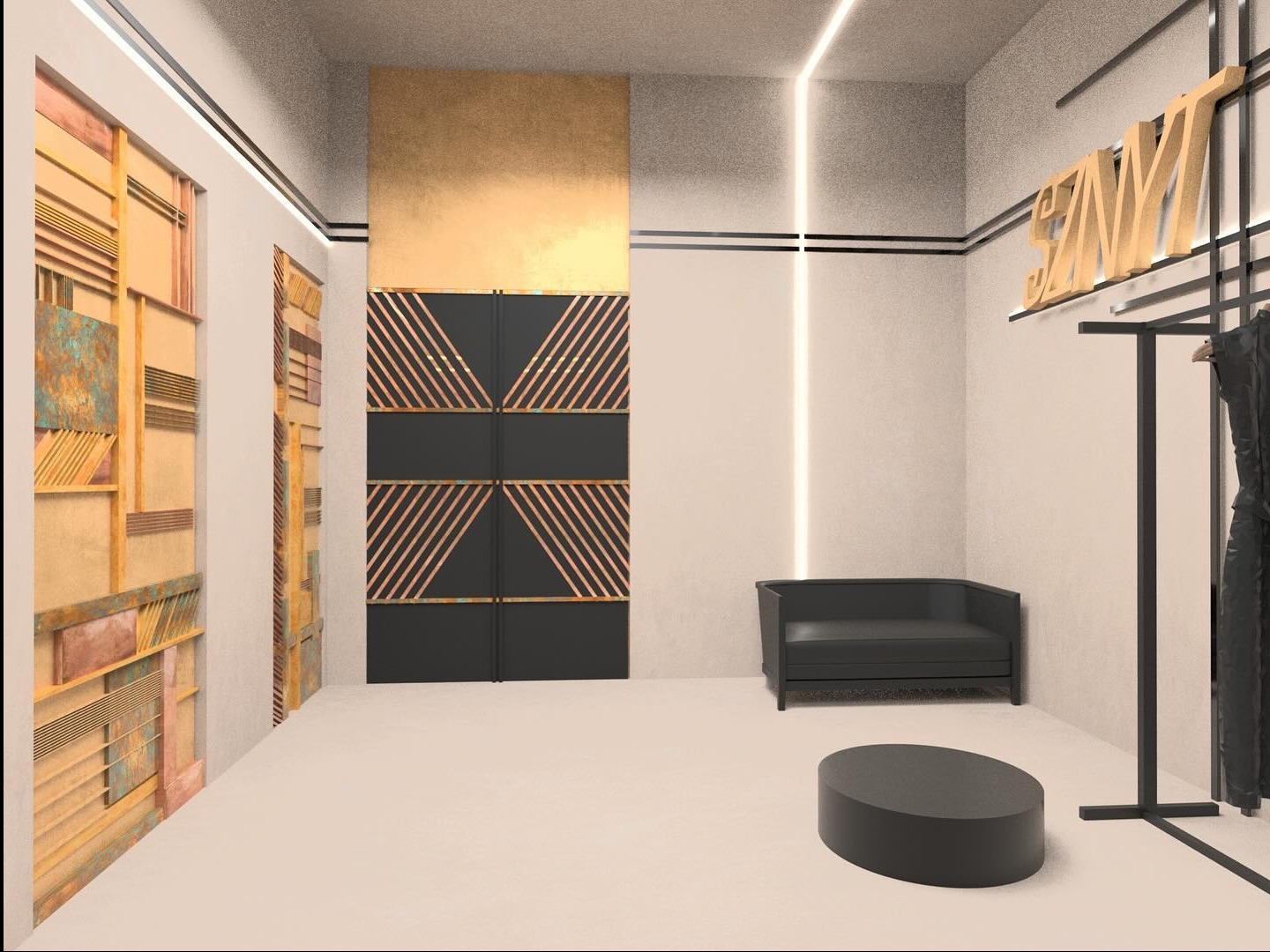 Wnętrze biura projektowania ubrań Sznyt: minimalistyczny design z geometrycznymi zdobieniami ścian, czarna sofa i wieszak na ubrania. Nowoczesne oświetlenie.