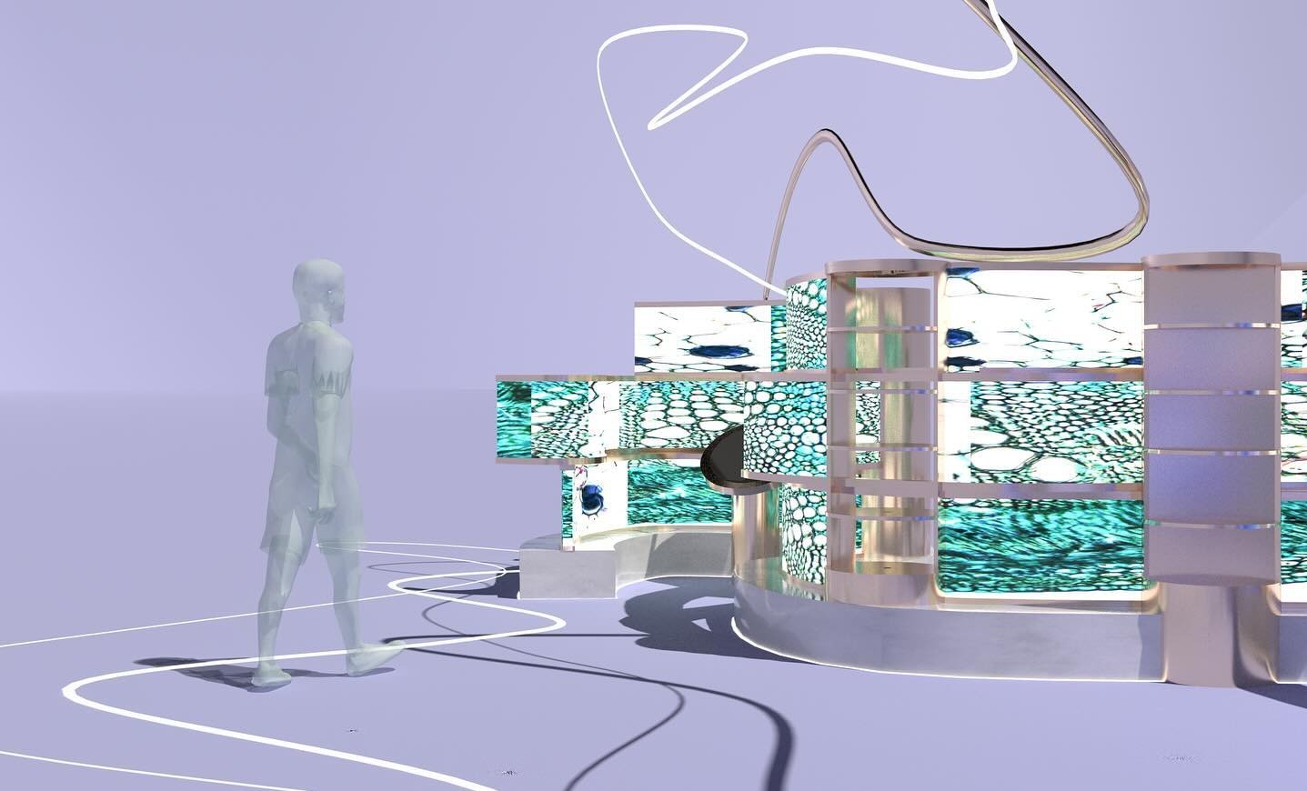 Wizualizacja 3D projektu stoiska targowego dla firmy kosmetycznej. Modułowa konstrukcja z podświetlanymi panelami, abstrakcyjne wzory, postać w tle.